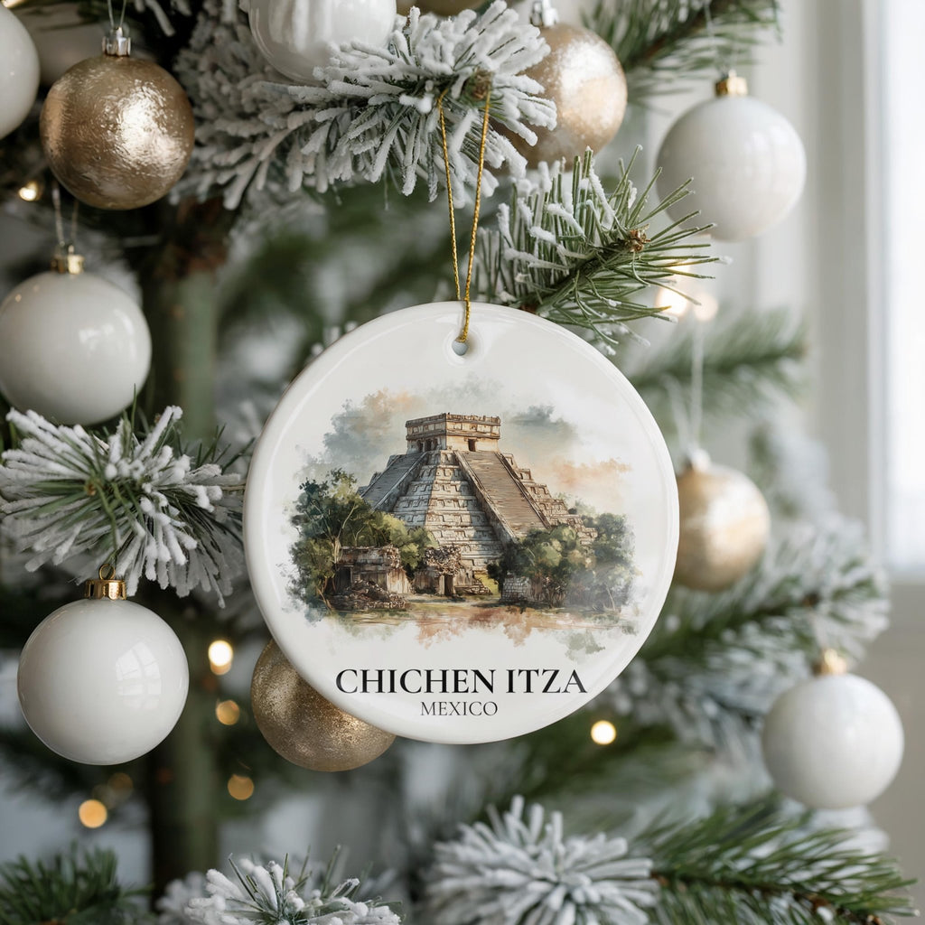 Chichen Itza Mexico Personalized Watercolor Ornament, Custom Ceramic Christmas gift, Travel Keepsake - CuteBeePix