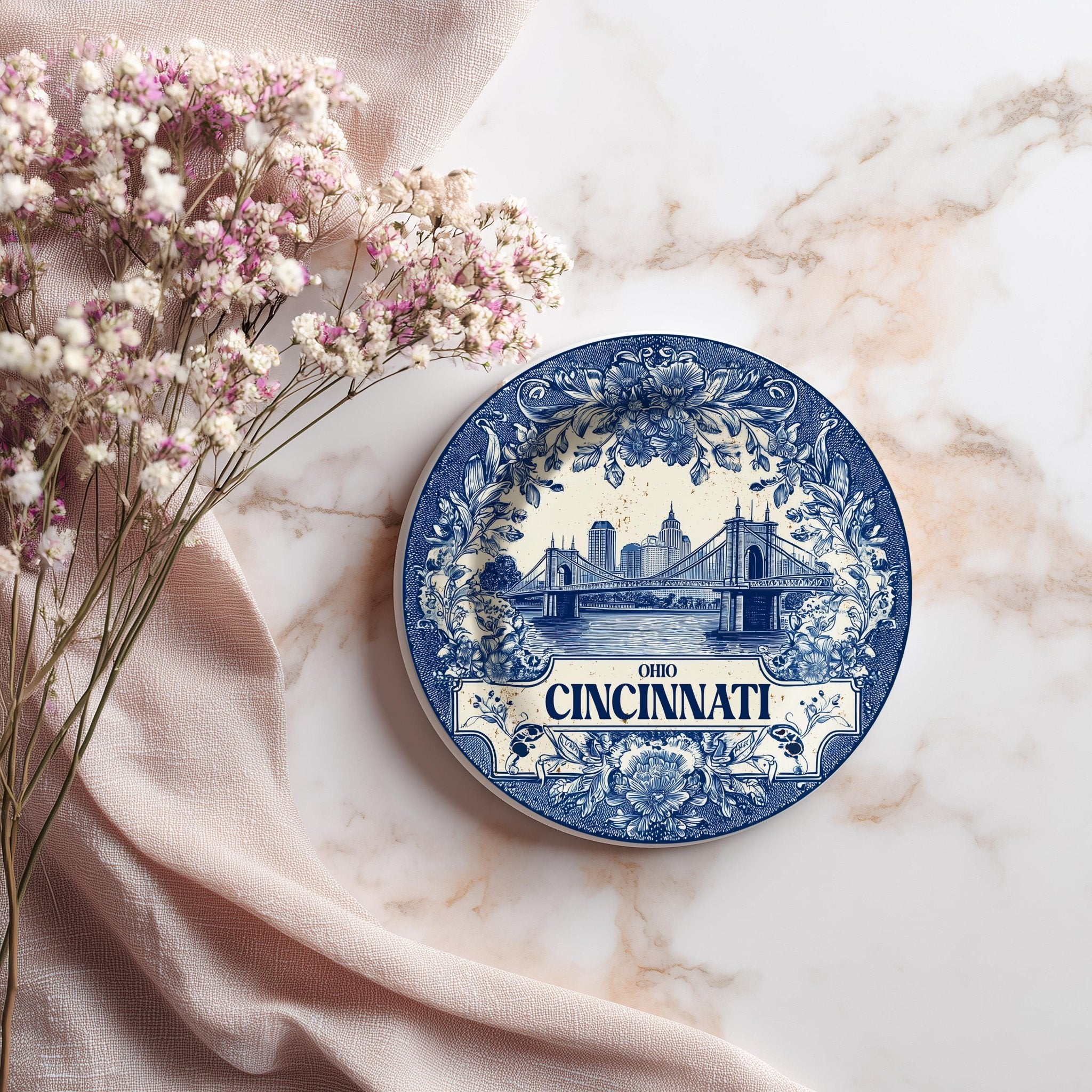 Cincinnati Ohio Delftware Ceramic Coaster, Blue White Travel Gift, Vintage Home Decor Collectible - CuteBeePix