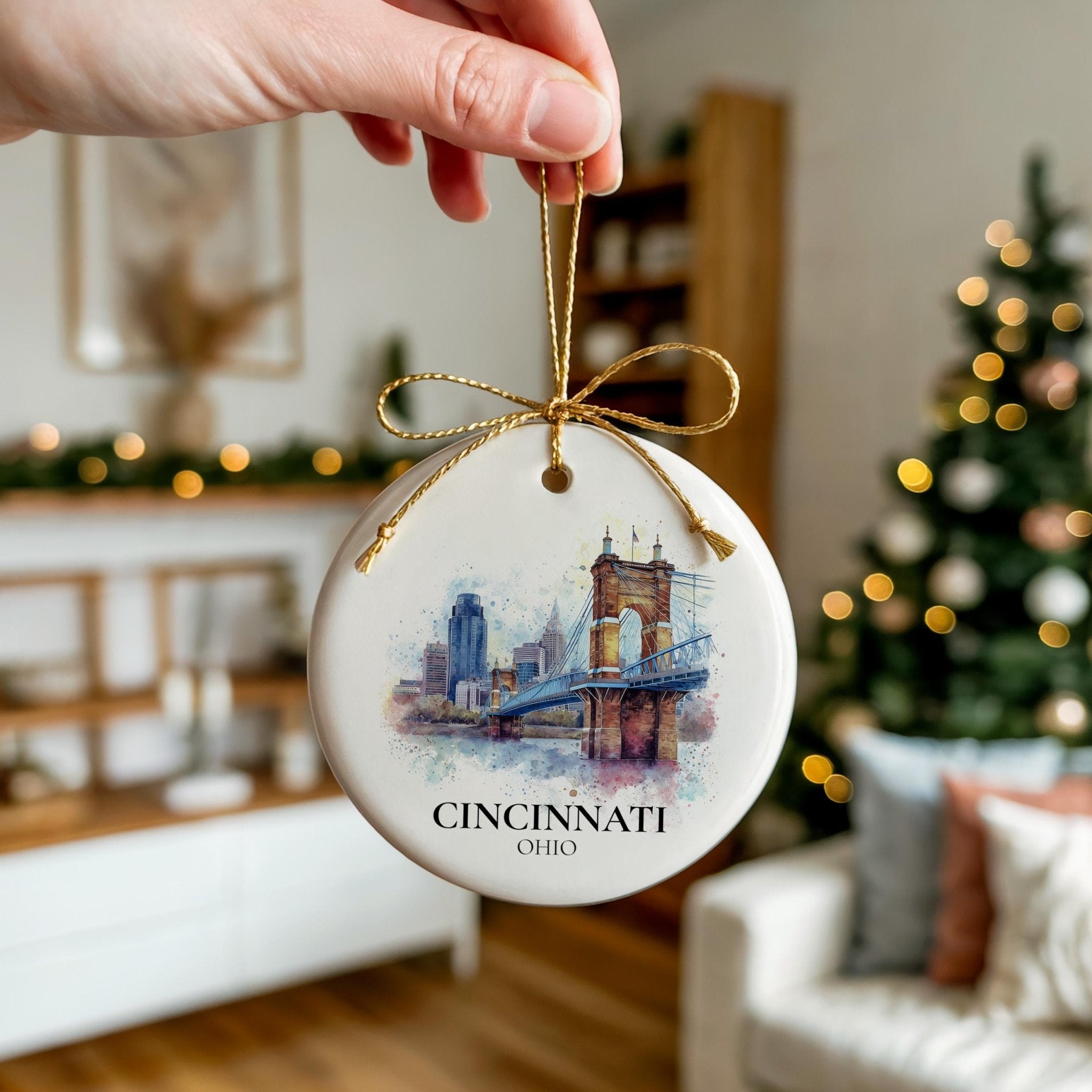 Cincinnati Ohio Personalized Watercolor Ornament, Custom Ceramic Christmas gift, Travel Keepsake - CuteBeePix