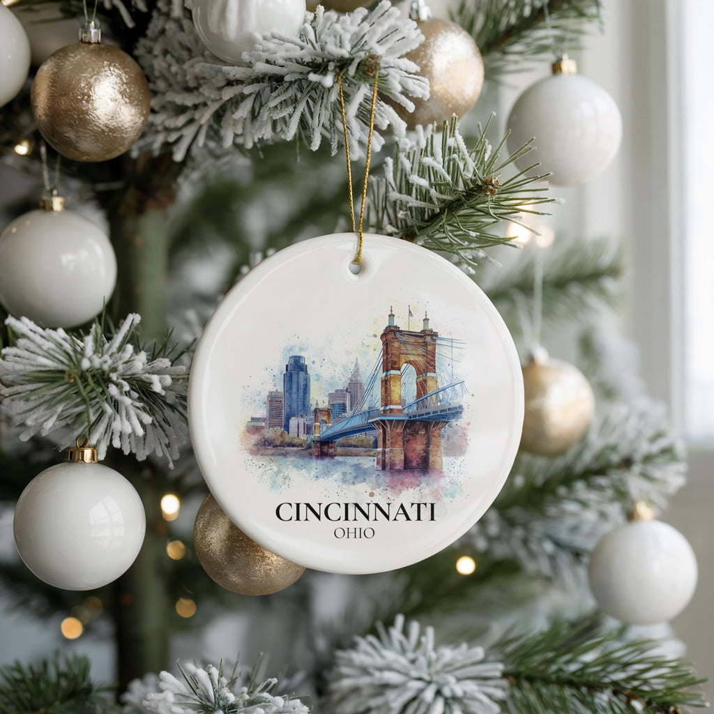 Cincinnati Ohio Personalized Watercolor Ornament, Custom Ceramic Christmas gift, Travel Keepsake - CuteBeePix