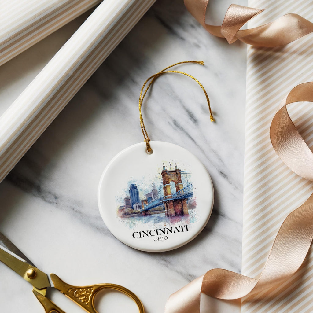 Cincinnati Ohio Personalized Watercolor Ornament, Custom Ceramic Christmas gift, Travel Keepsake - CuteBeePix