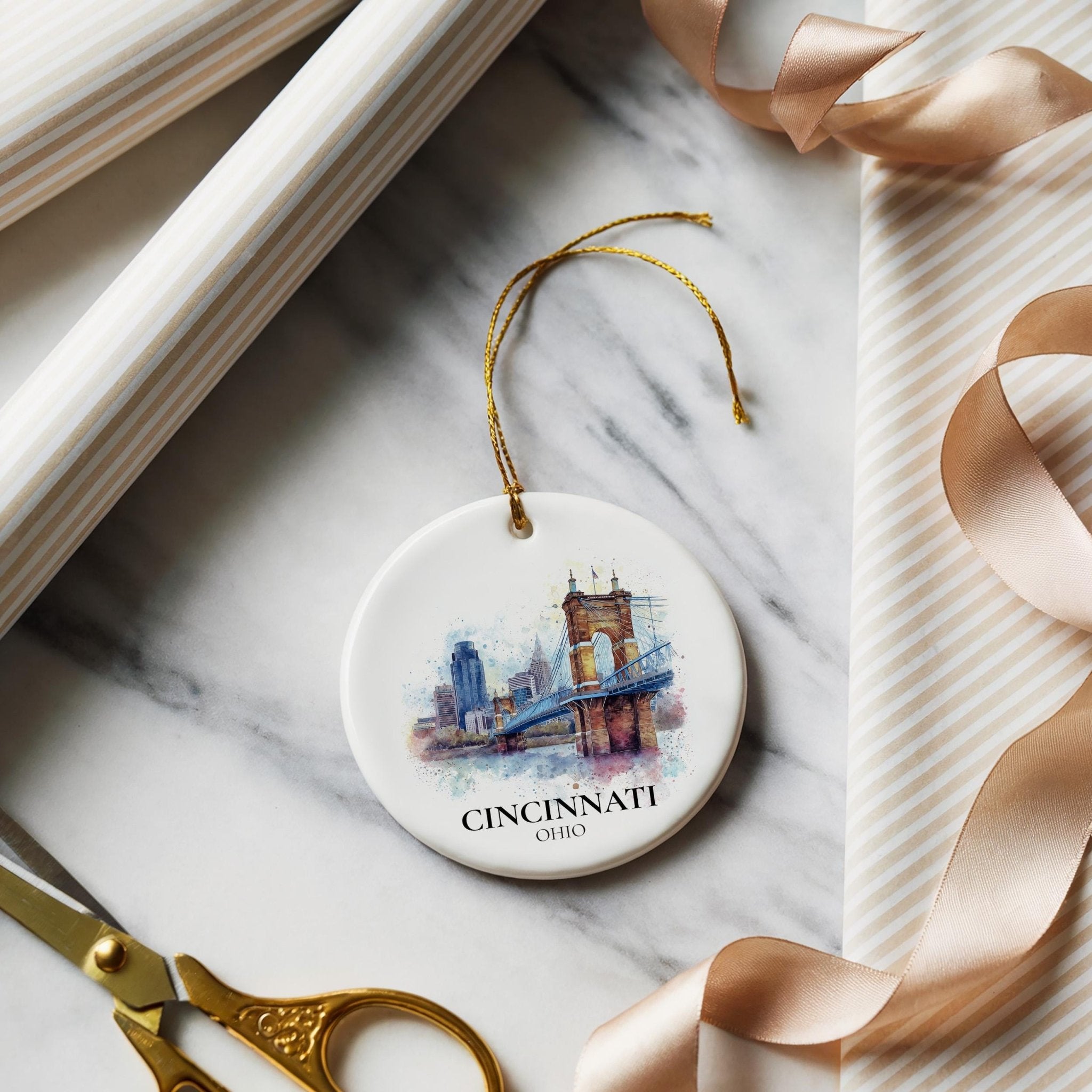 Cincinnati Ohio Personalized Watercolor Ornament, Custom Ceramic Christmas gift, Travel Keepsake - CuteBeePix