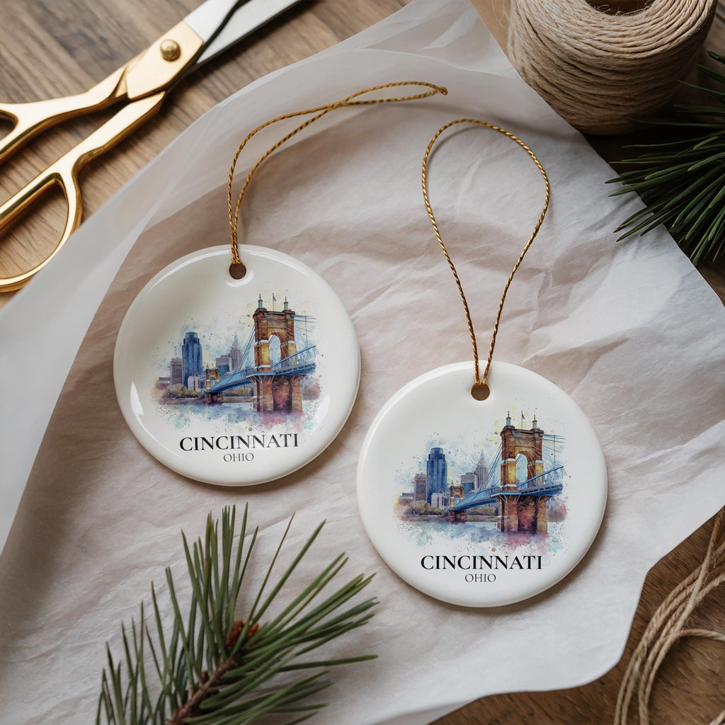 Cincinnati Ohio Personalized Watercolor Ornament, Custom Ceramic Christmas gift, Travel Keepsake - CuteBeePix