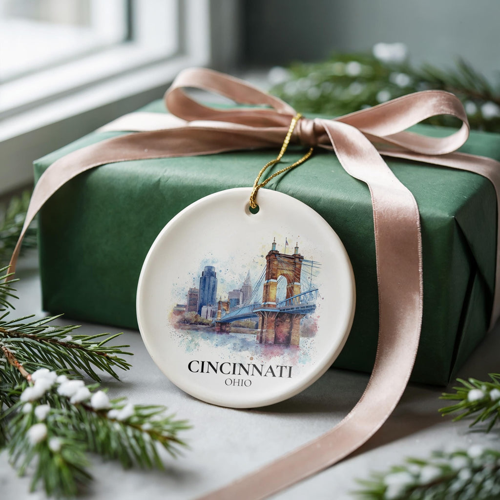 Cincinnati Ohio Personalized Watercolor Ornament, Custom Ceramic Christmas gift, Travel Keepsake - CuteBeePix