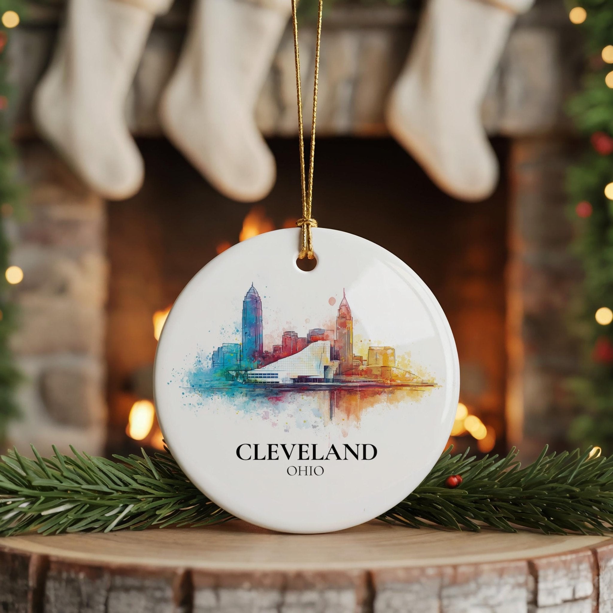 Cleveland Ohio Personalized Watercolor Ornament, Custom Ceramic Christmas gift, Travel Keepsake - CuteBeePix