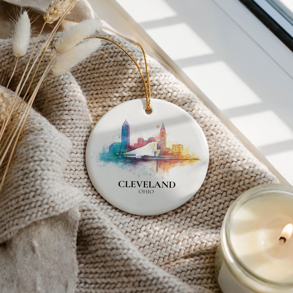 Cleveland Ohio Personalized Watercolor Ornament, Custom Ceramic Christmas gift, Travel Keepsake - CuteBeePix