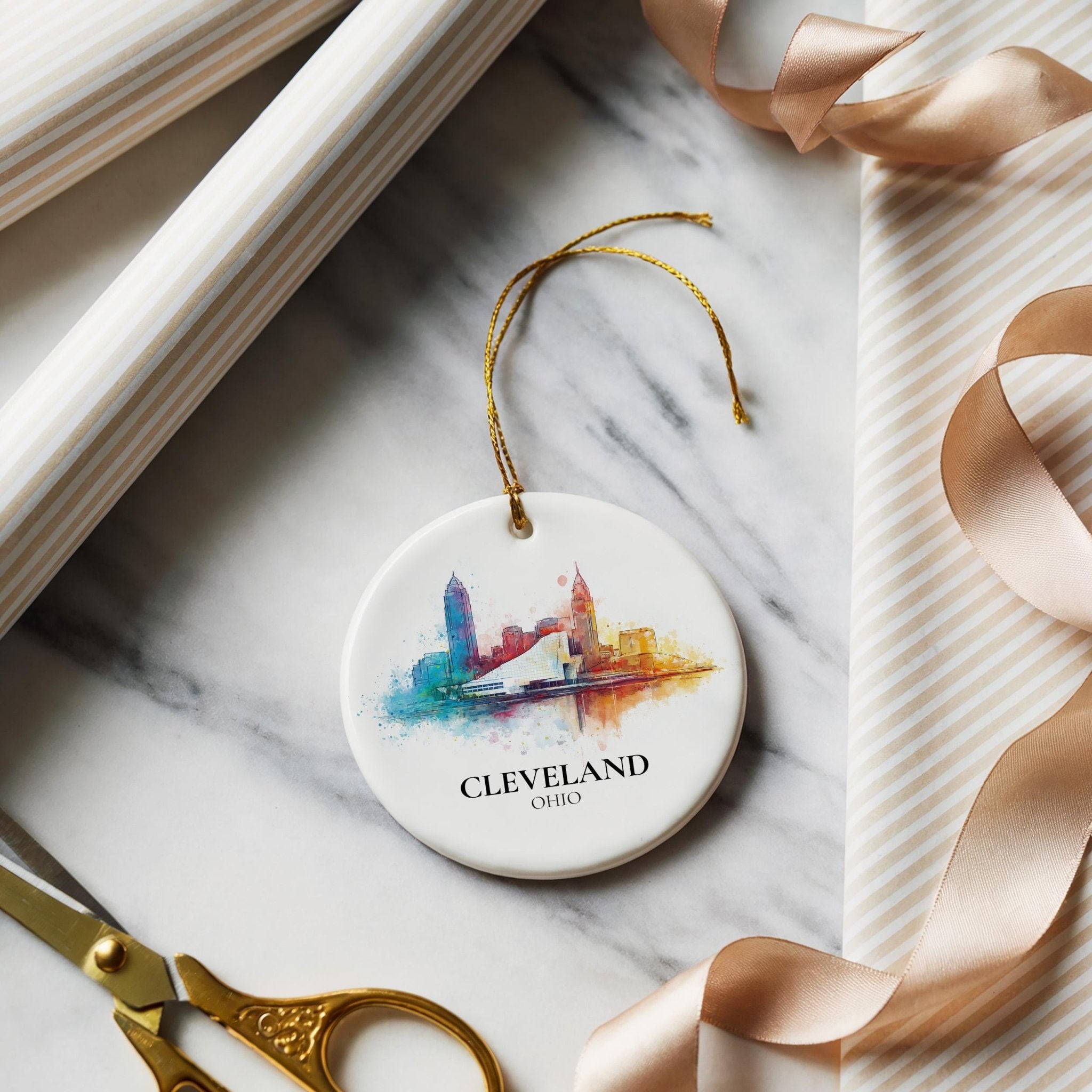 Cleveland Ohio Personalized Watercolor Ornament, Custom Ceramic Christmas gift, Travel Keepsake - CuteBeePix