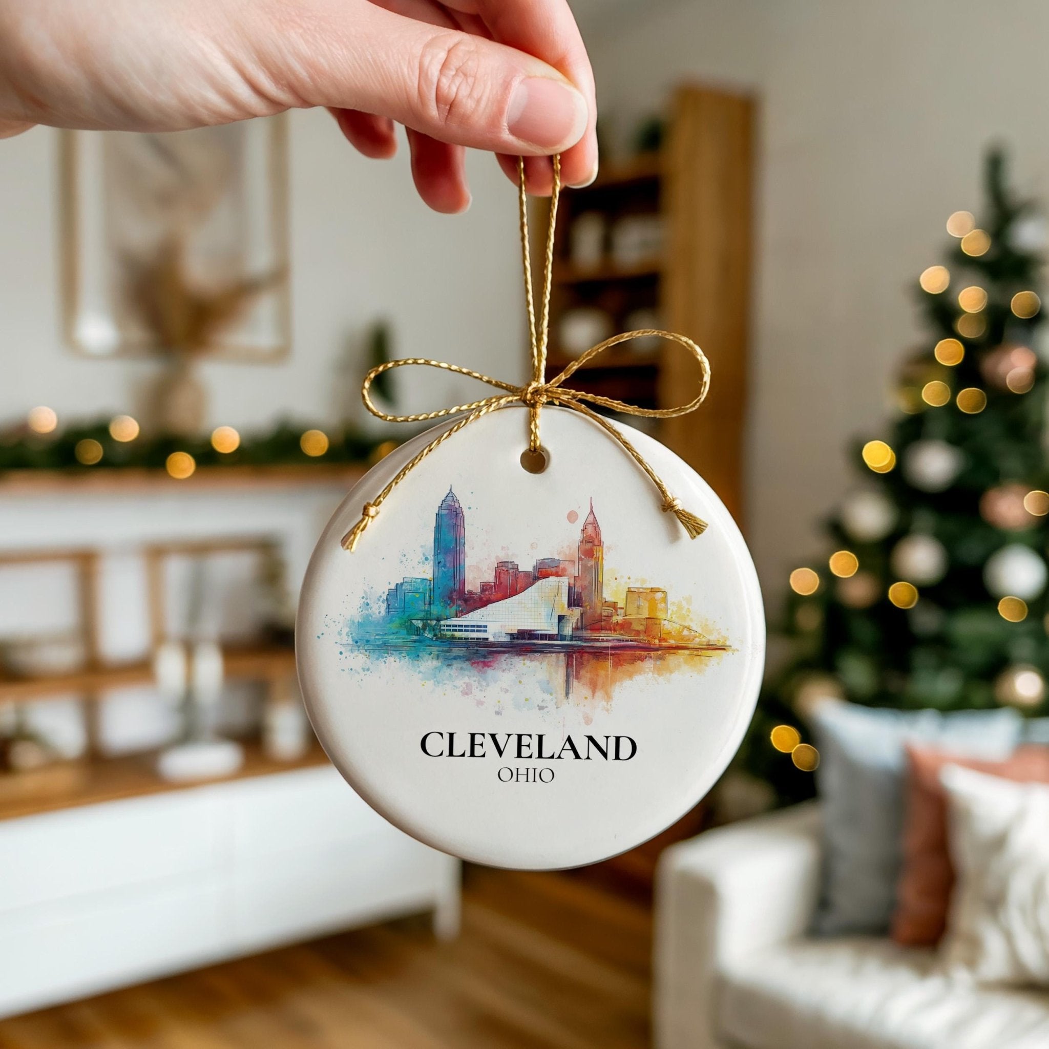 Cleveland Ohio Personalized Watercolor Ornament, Custom Ceramic Christmas gift, Travel Keepsake - CuteBeePix