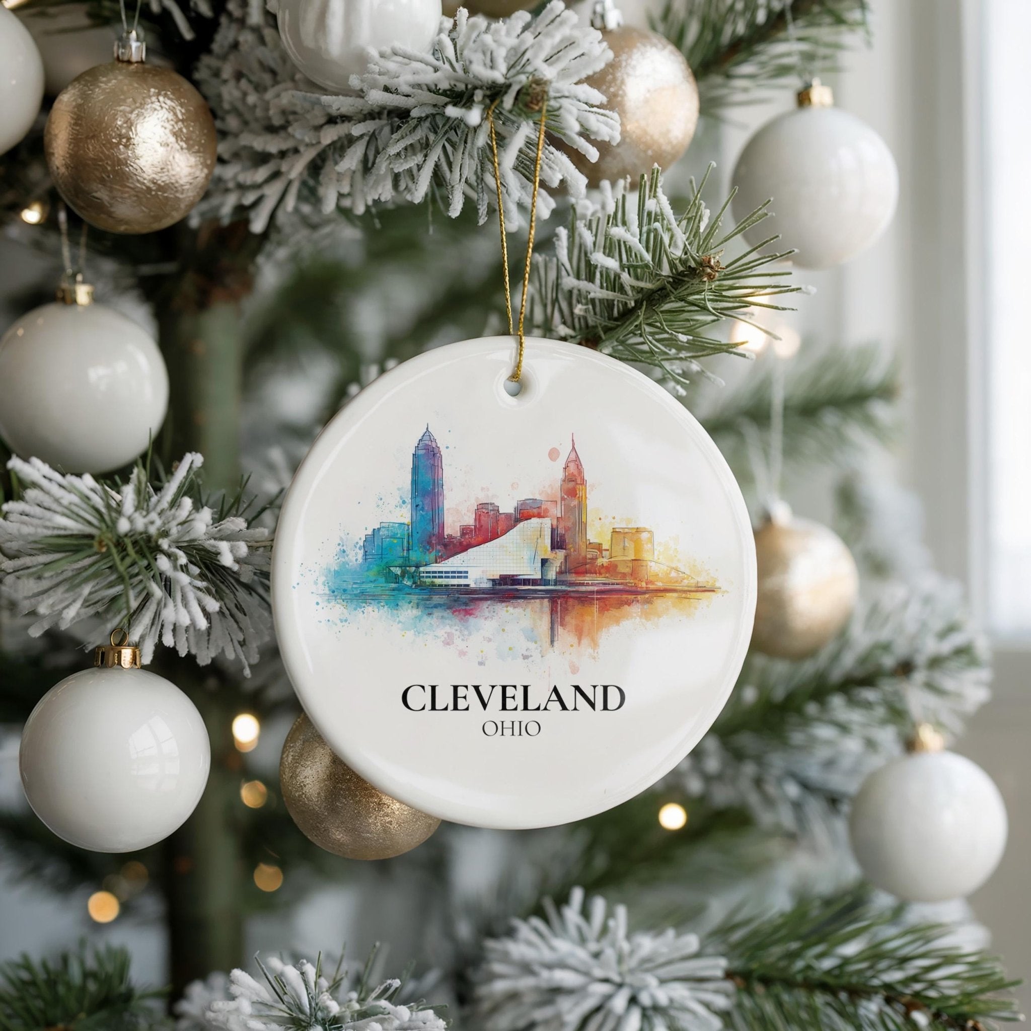 Cleveland Ohio Personalized Watercolor Ornament, Custom Ceramic Christmas gift, Travel Keepsake - CuteBeePix