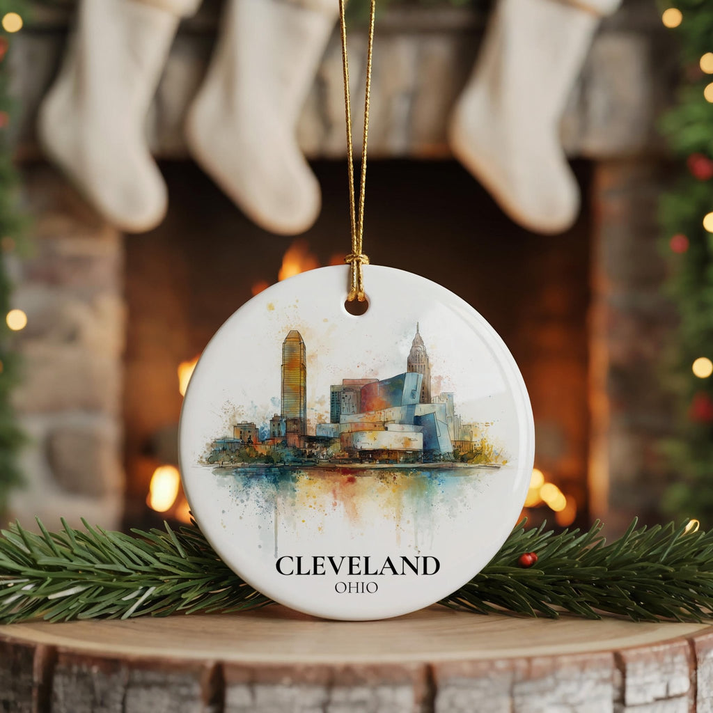 Cleveland Personalized Watercolor Ornament, Ohio Custom Ceramic Christmas gift, Travel Keepsake - CuteBeePix