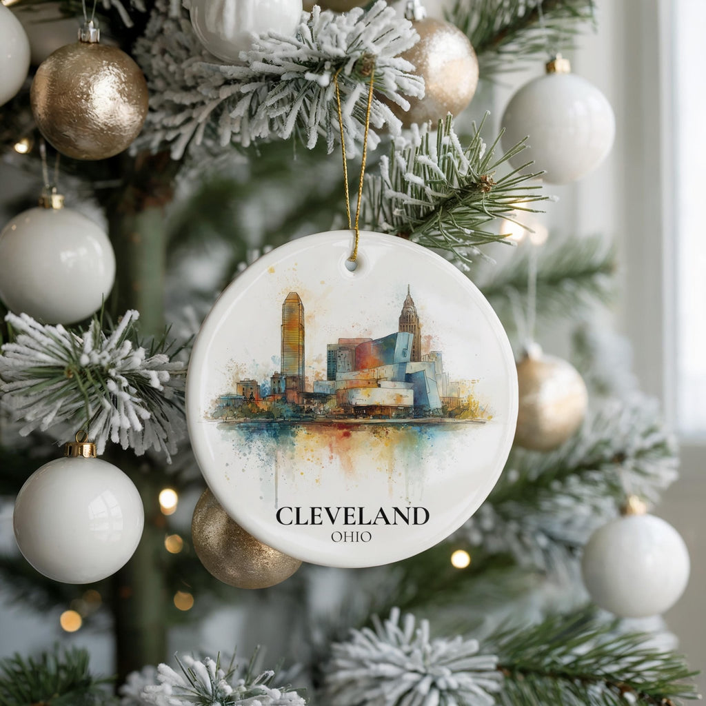 Cleveland Personalized Watercolor Ornament, Ohio Custom Ceramic Christmas gift, Travel Keepsake - CuteBeePix