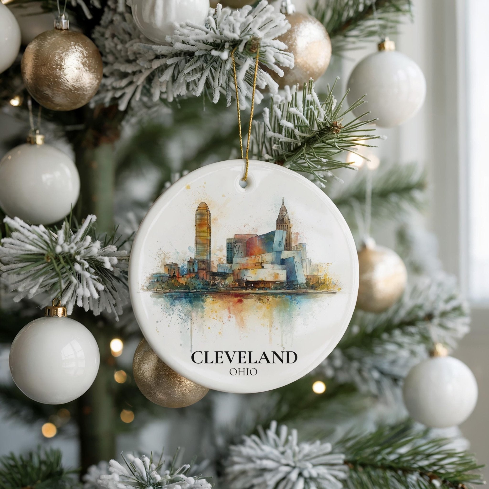 Cleveland Personalized Watercolor Ornament, Ohio Custom Ceramic Christmas gift, Travel Keepsake - CuteBeePix