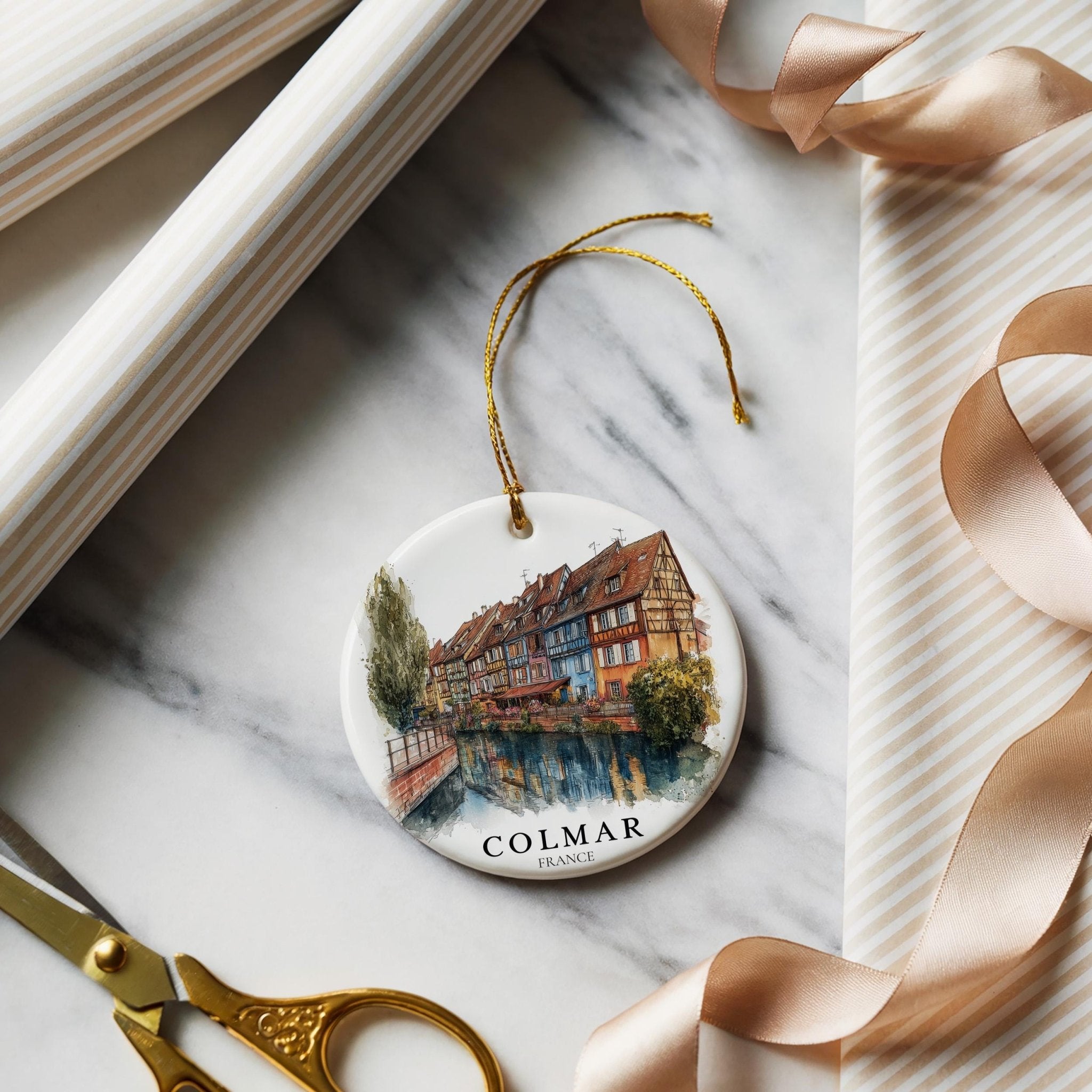Colmar France Personalized Watercolor Ornament, Custom Ceramic Christmas gift, Travel Keepsake - CuteBeePix