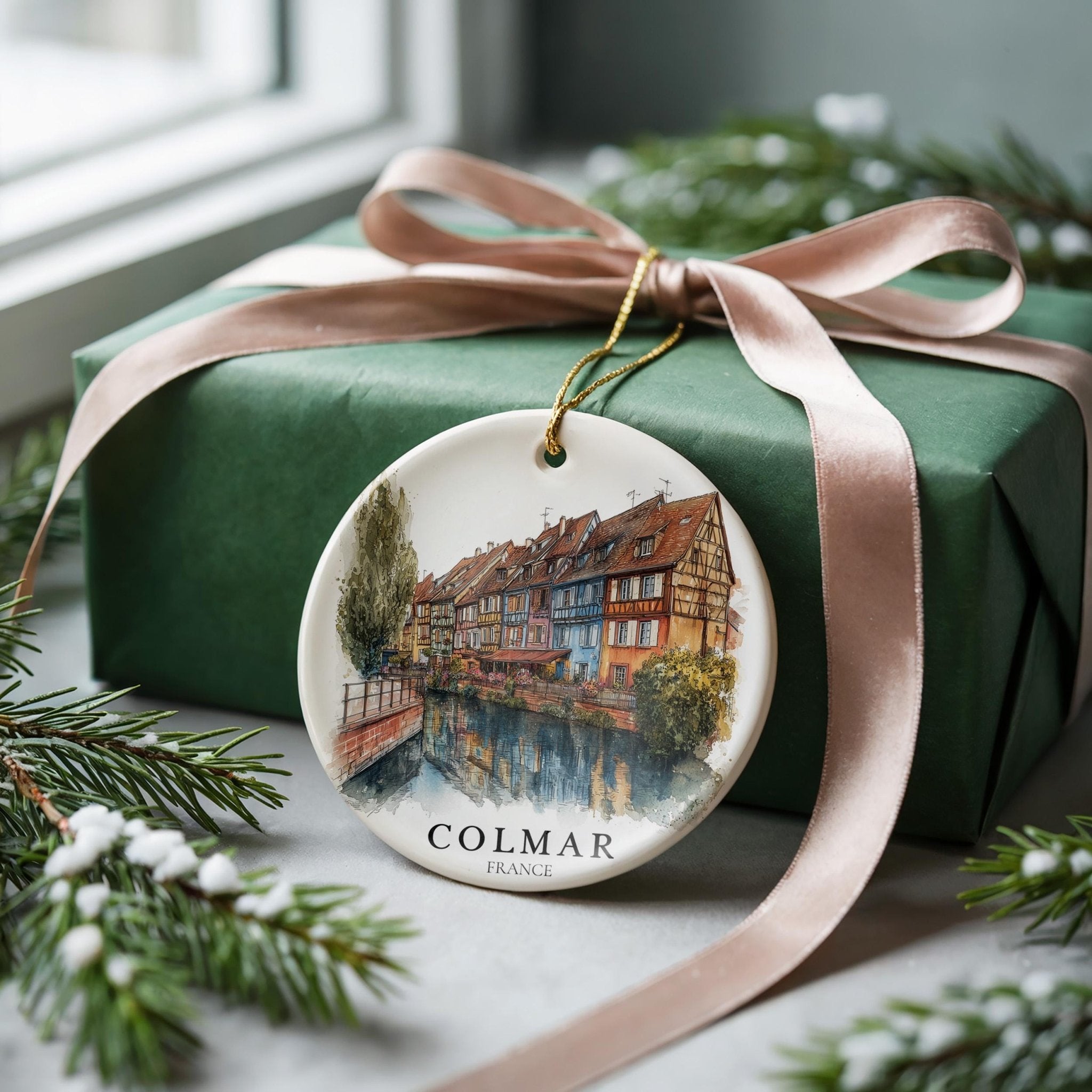 Colmar France Personalized Watercolor Ornament, Custom Ceramic Christmas gift, Travel Keepsake - CuteBeePix