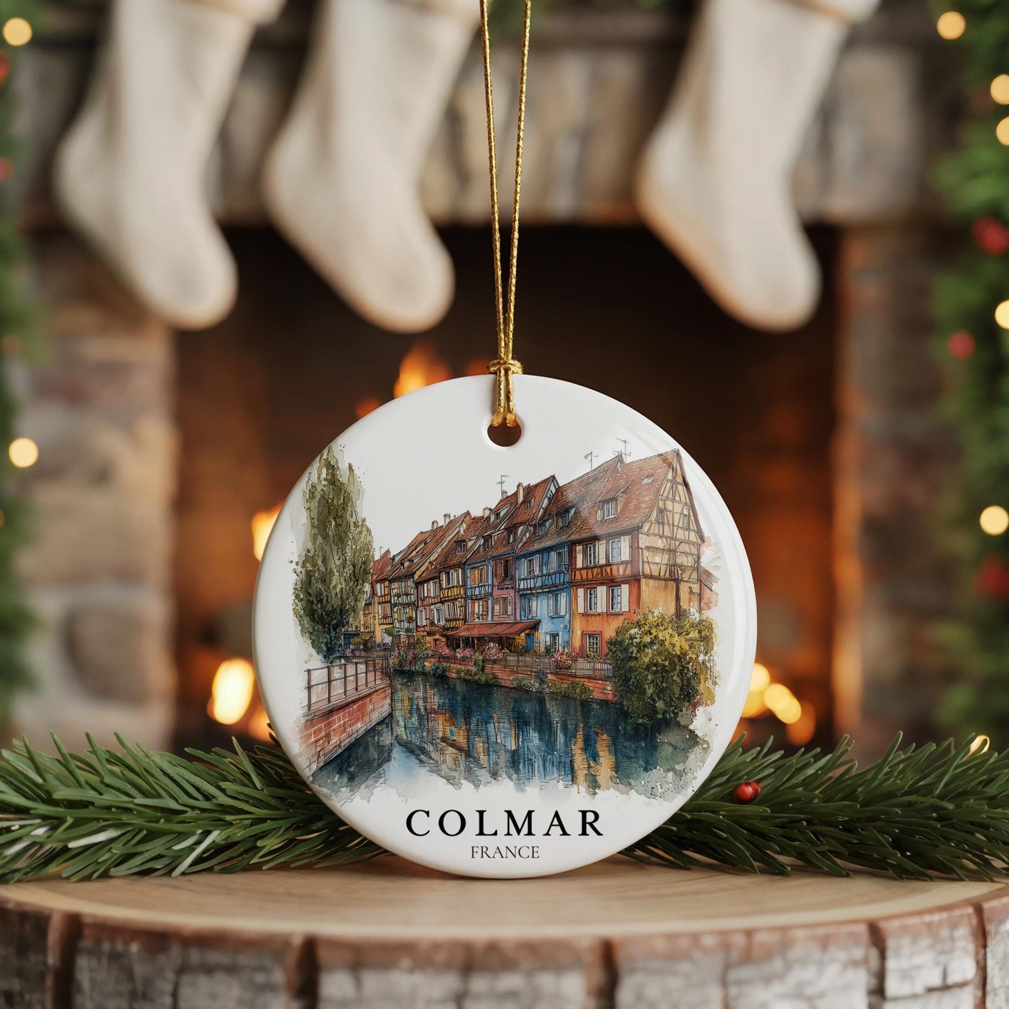 Colmar France Personalized Watercolor Ornament, Custom Ceramic Christmas gift, Travel Keepsake - CuteBeePix