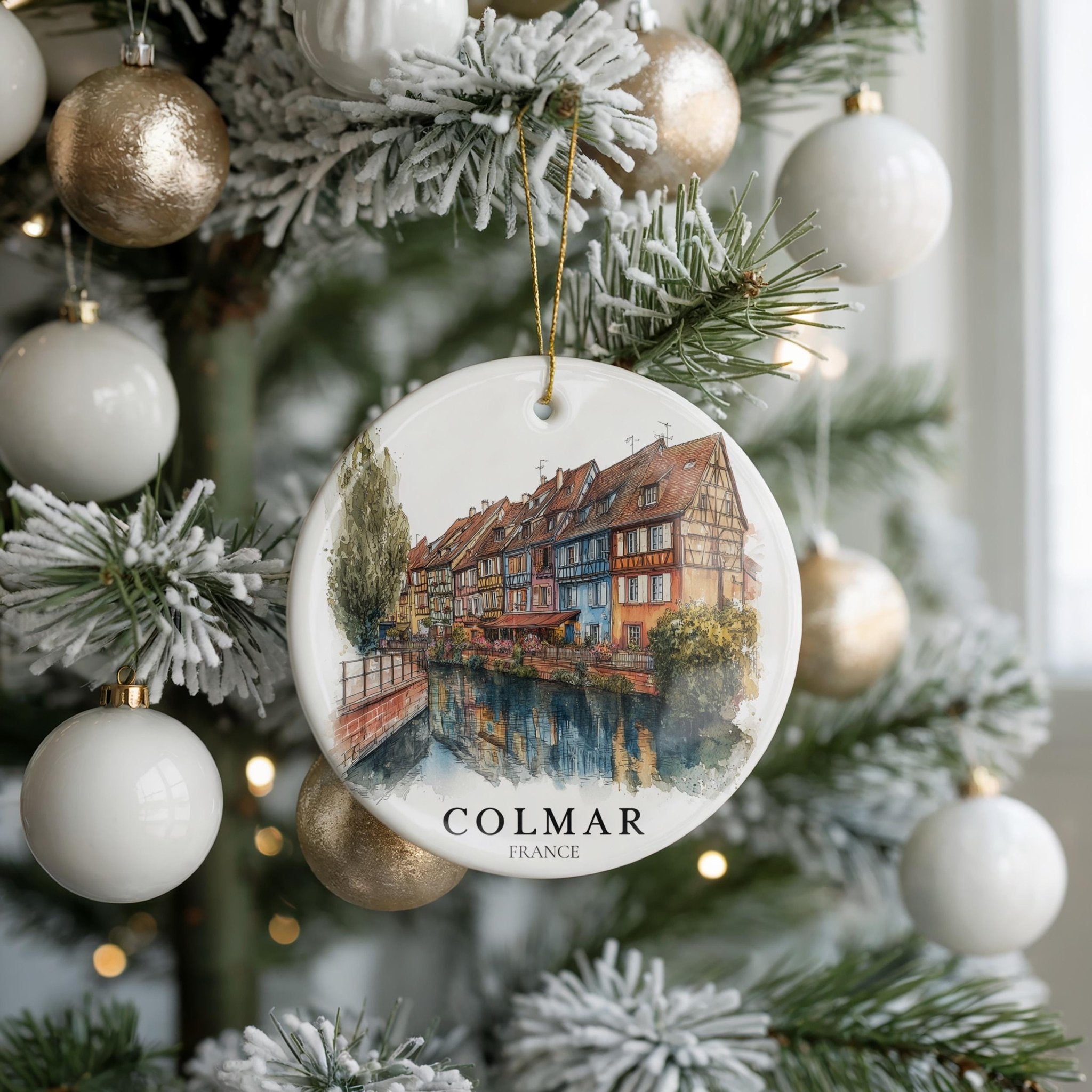 Colmar France Personalized Watercolor Ornament, Custom Ceramic Christmas gift, Travel Keepsake - CuteBeePix
