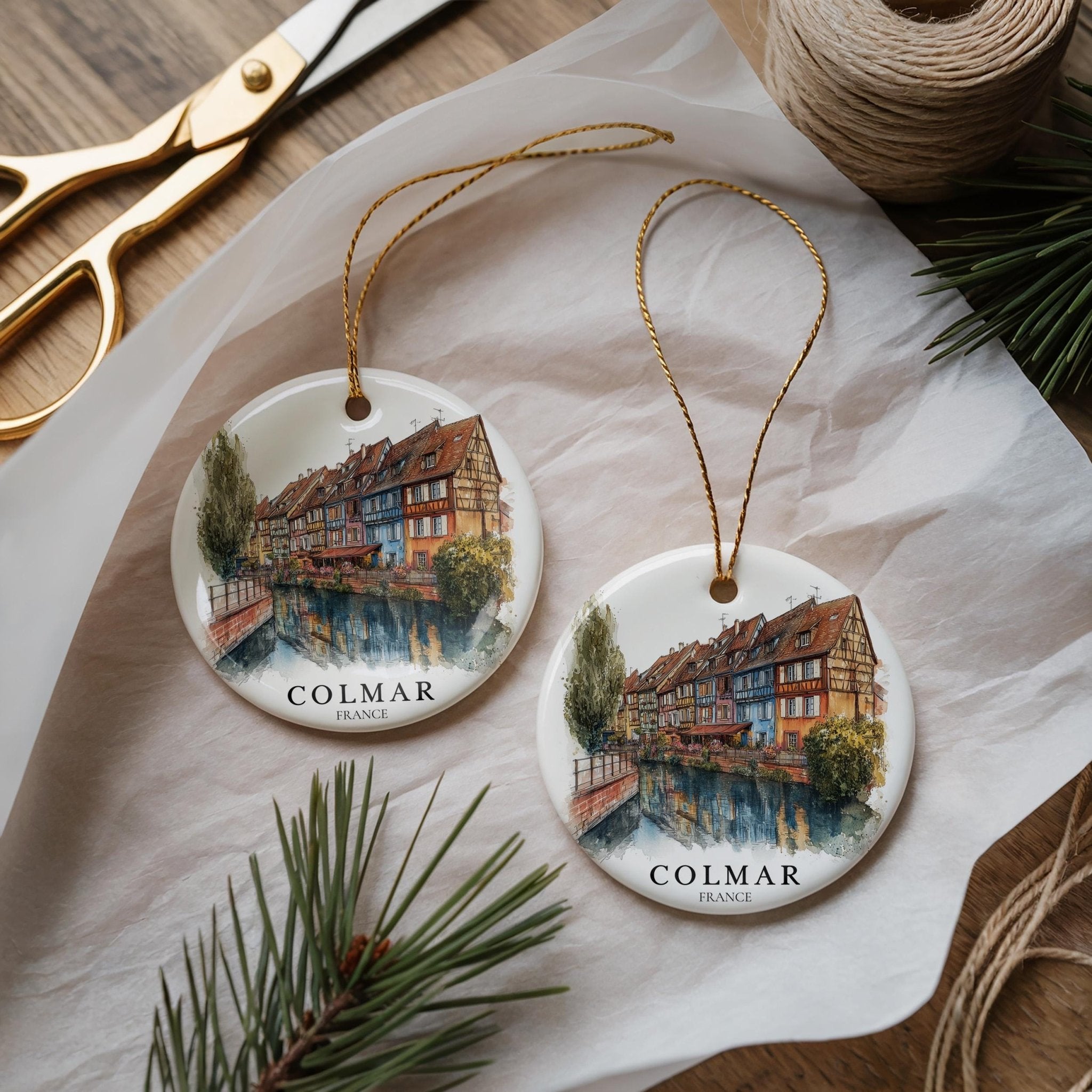 Colmar France Personalized Watercolor Ornament, Custom Ceramic Christmas gift, Travel Keepsake - CuteBeePix