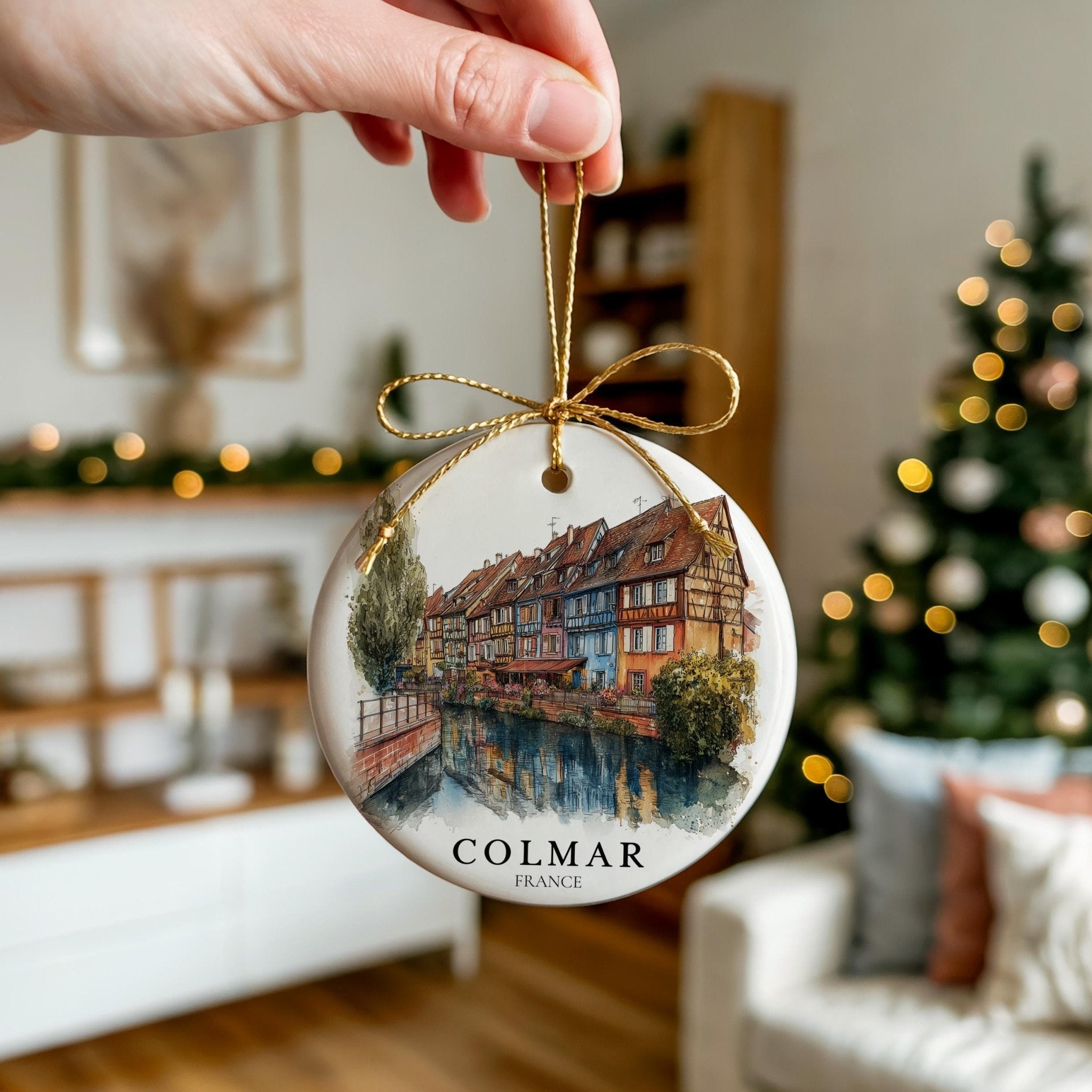 Colmar France Personalized Watercolor Ornament, Custom Ceramic Christmas gift, Travel Keepsake - CuteBeePix