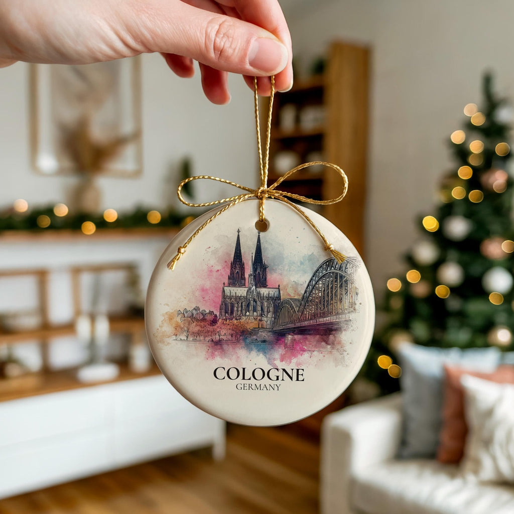 Cologne Germany Personalized Watercolor Ornament, Custom Ceramic Christmas gift, Travel Keepsake - CuteBeePix