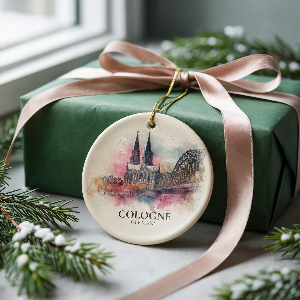Cologne Germany Personalized Watercolor Ornament, Custom Ceramic Christmas gift, Travel Keepsake - CuteBeePix