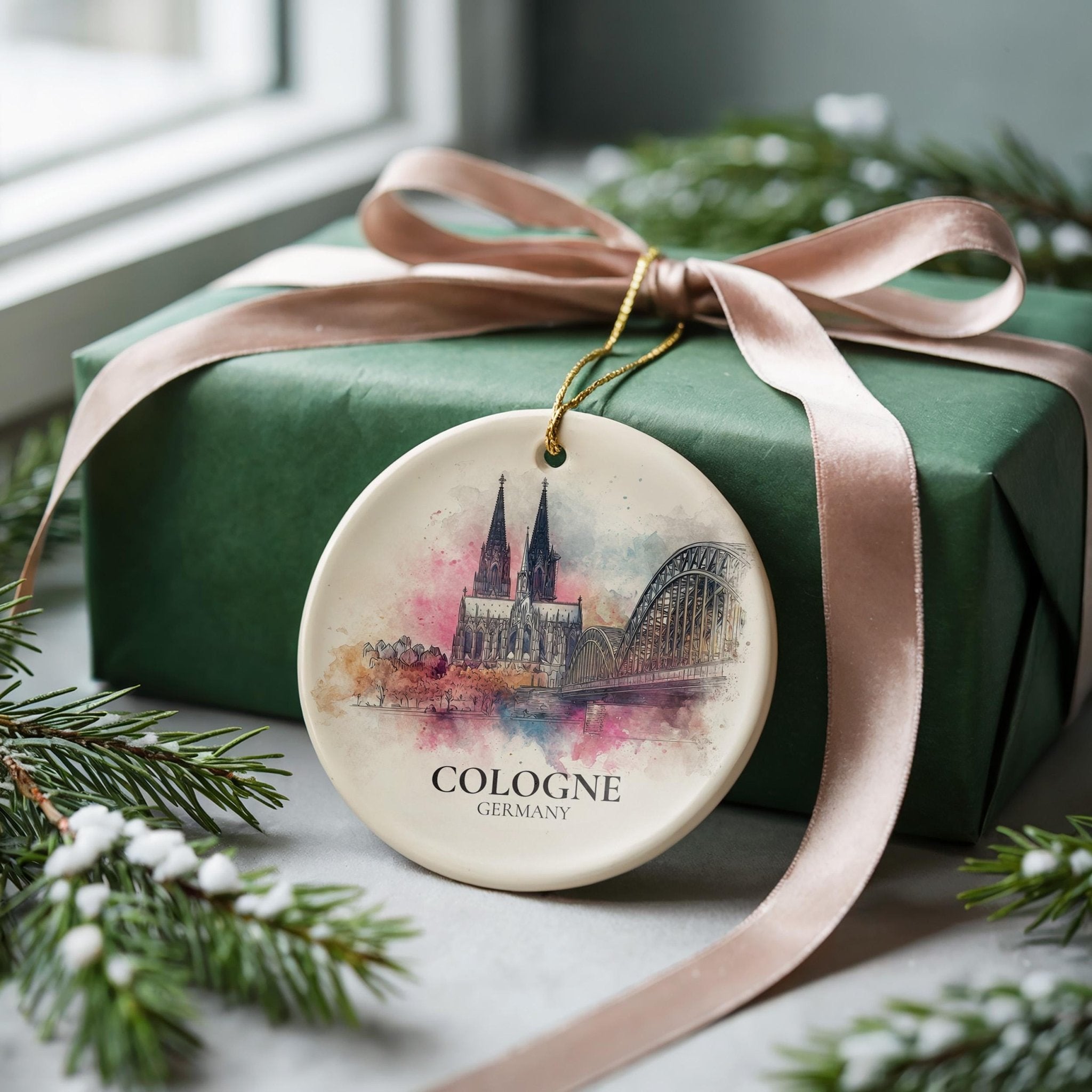 Cologne Germany Personalized Watercolor Ornament, Custom Ceramic Christmas gift, Travel Keepsake - CuteBeePix