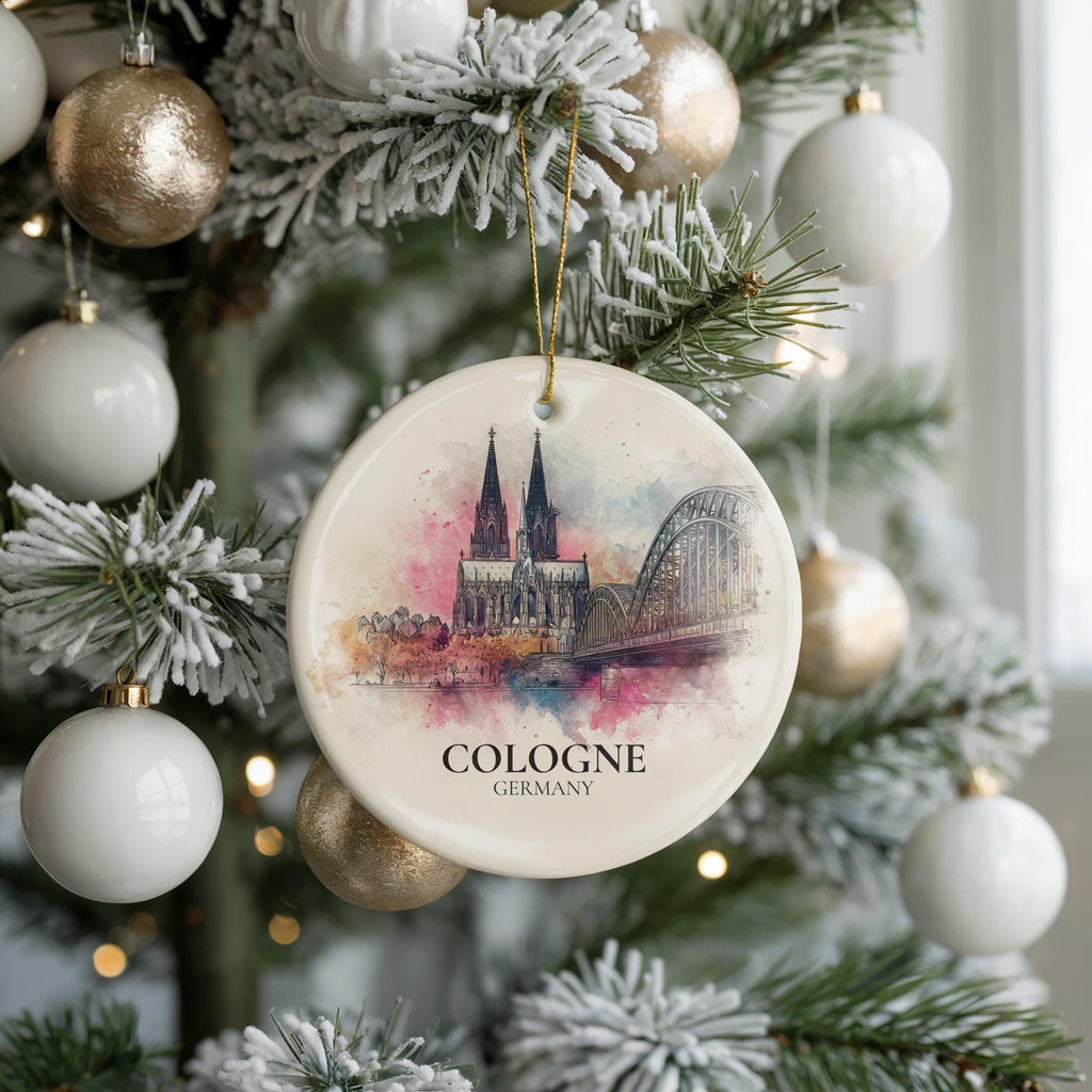 Cologne Germany Personalized Watercolor Ornament, Custom Ceramic Christmas gift, Travel Keepsake - CuteBeePix
