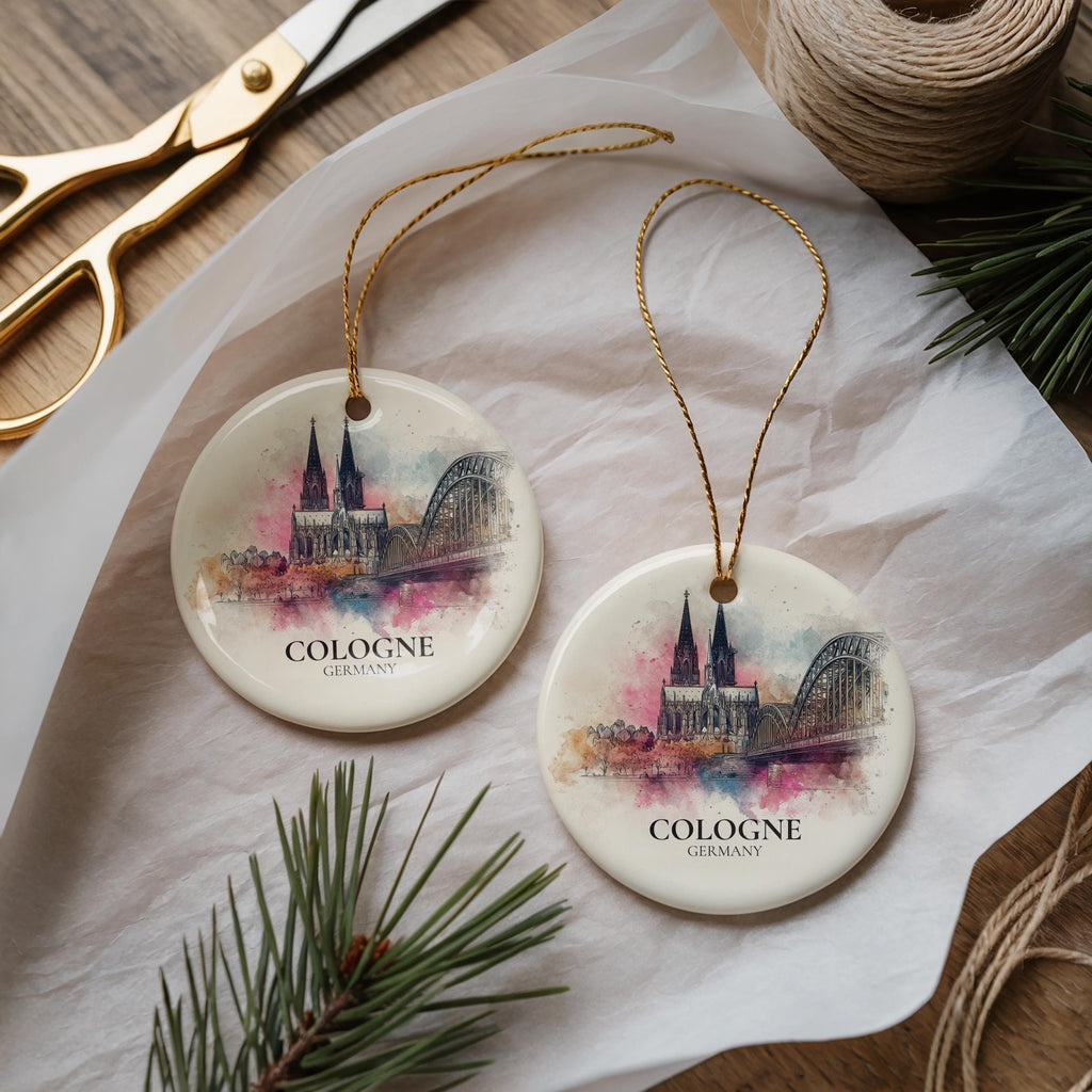 Cologne Germany Personalized Watercolor Ornament, Custom Ceramic Christmas gift, Travel Keepsake - CuteBeePix