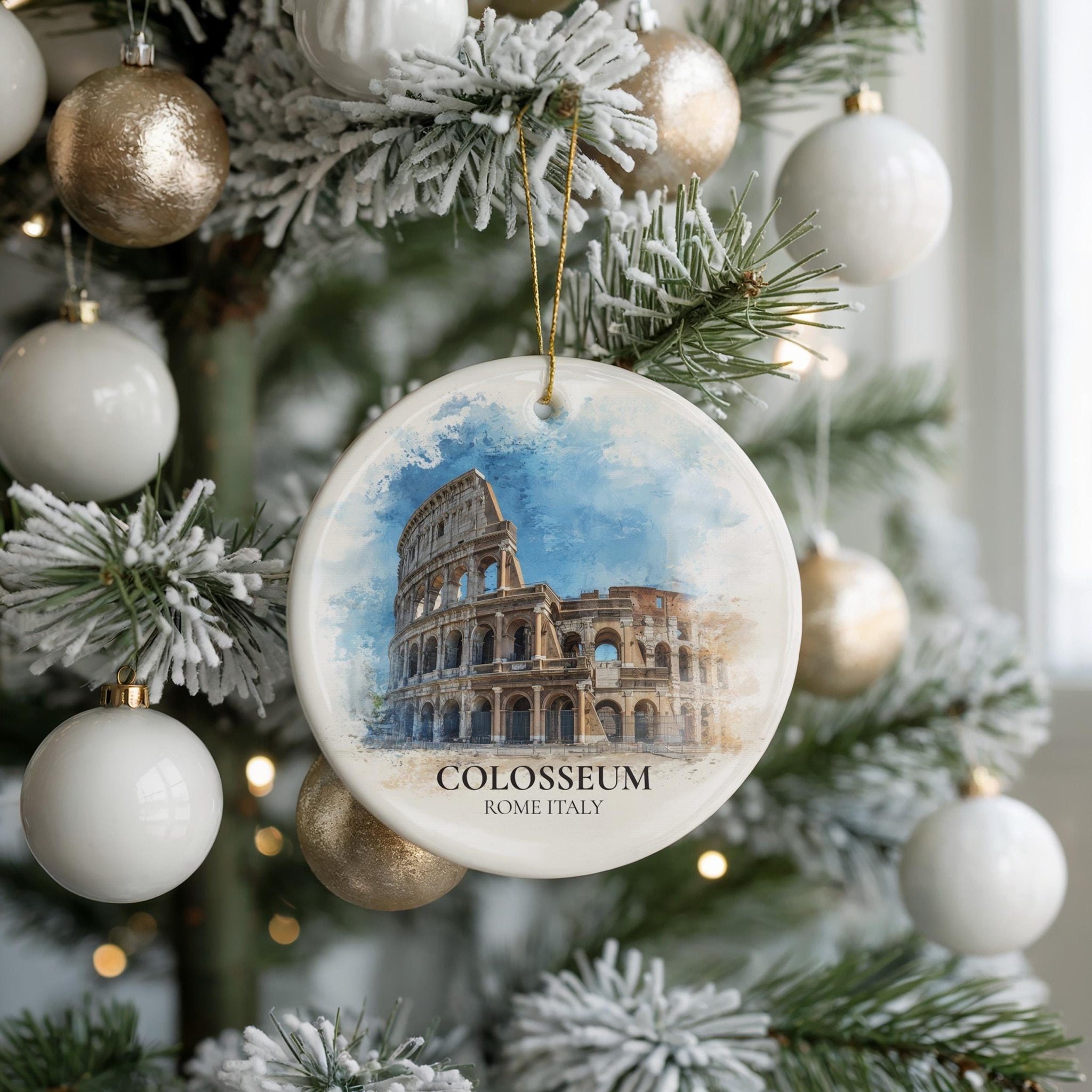 Colosseum Italy Personalized Watercolor Ornament, Custom Ceramic Christmas gift, Travel Keepsake - CuteBeePix