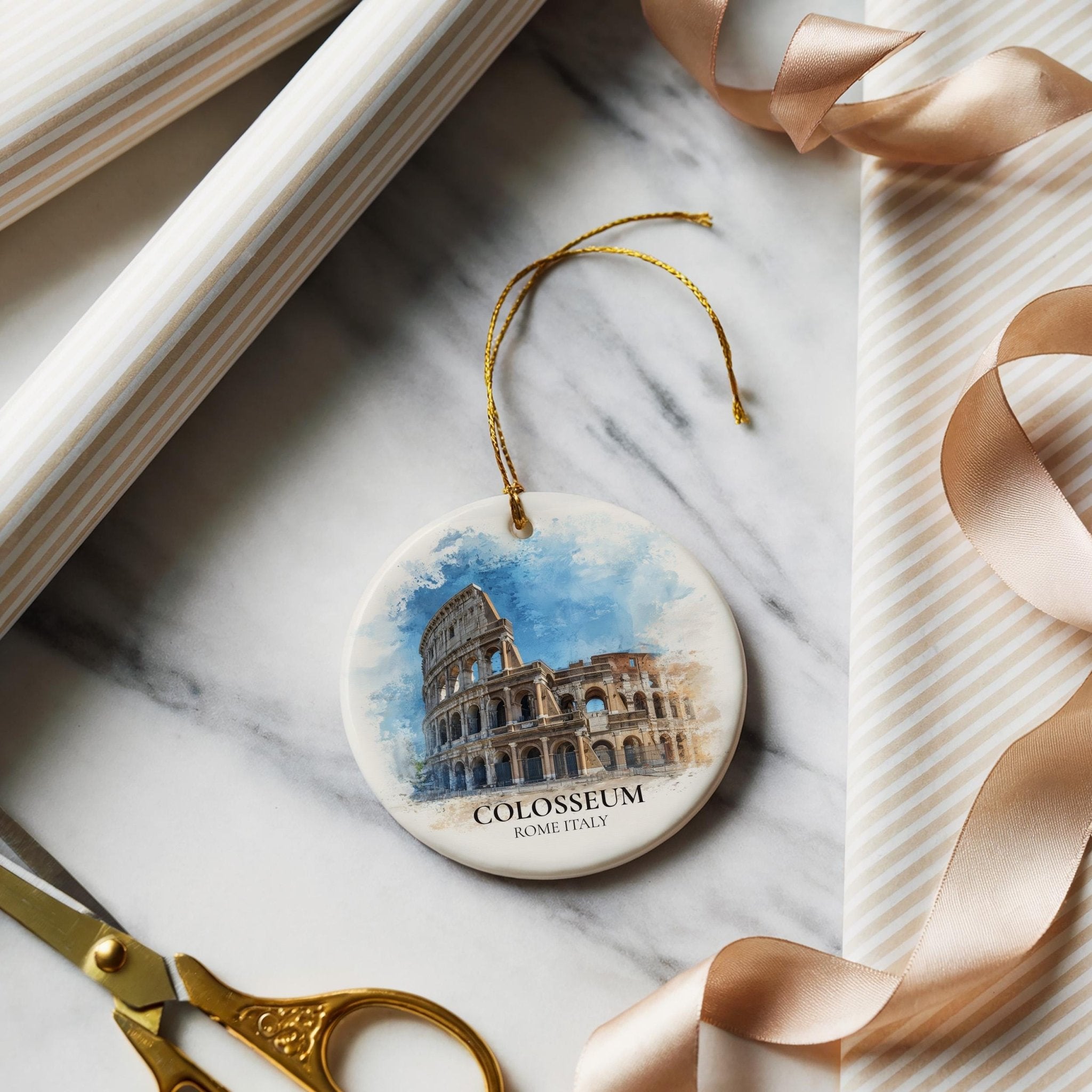 Colosseum Italy Personalized Watercolor Ornament, Custom Ceramic Christmas gift, Travel Keepsake - CuteBeePix