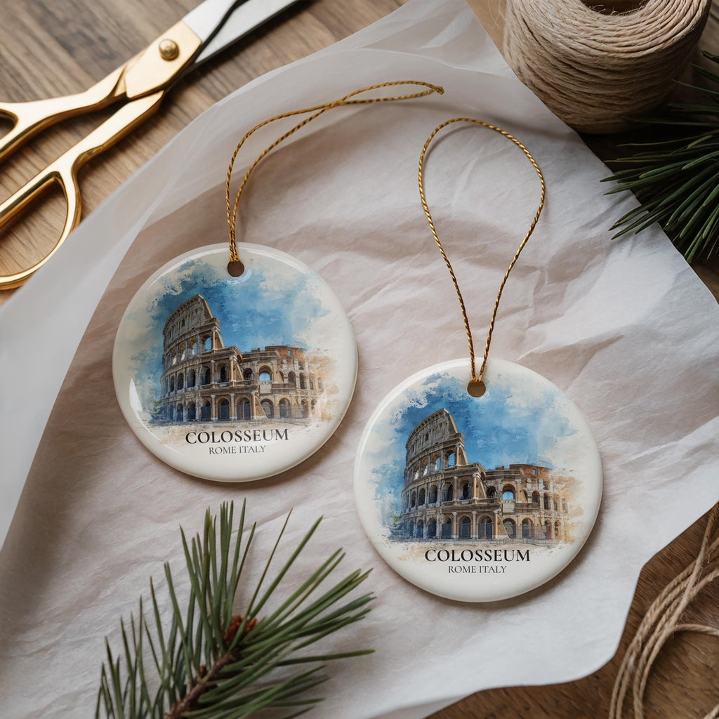 Colosseum Italy Personalized Watercolor Ornament, Custom Ceramic Christmas gift, Travel Keepsake - CuteBeePix