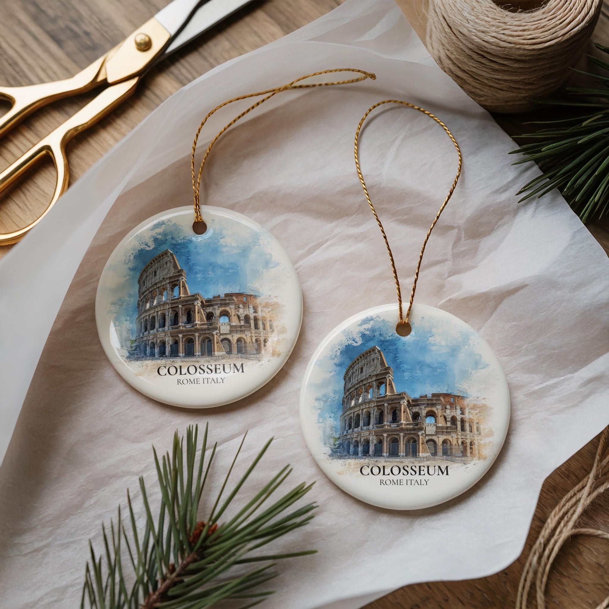 Colosseum Italy Personalized Watercolor Ornament, Custom Ceramic Christmas gift, Travel Keepsake - CuteBeePix