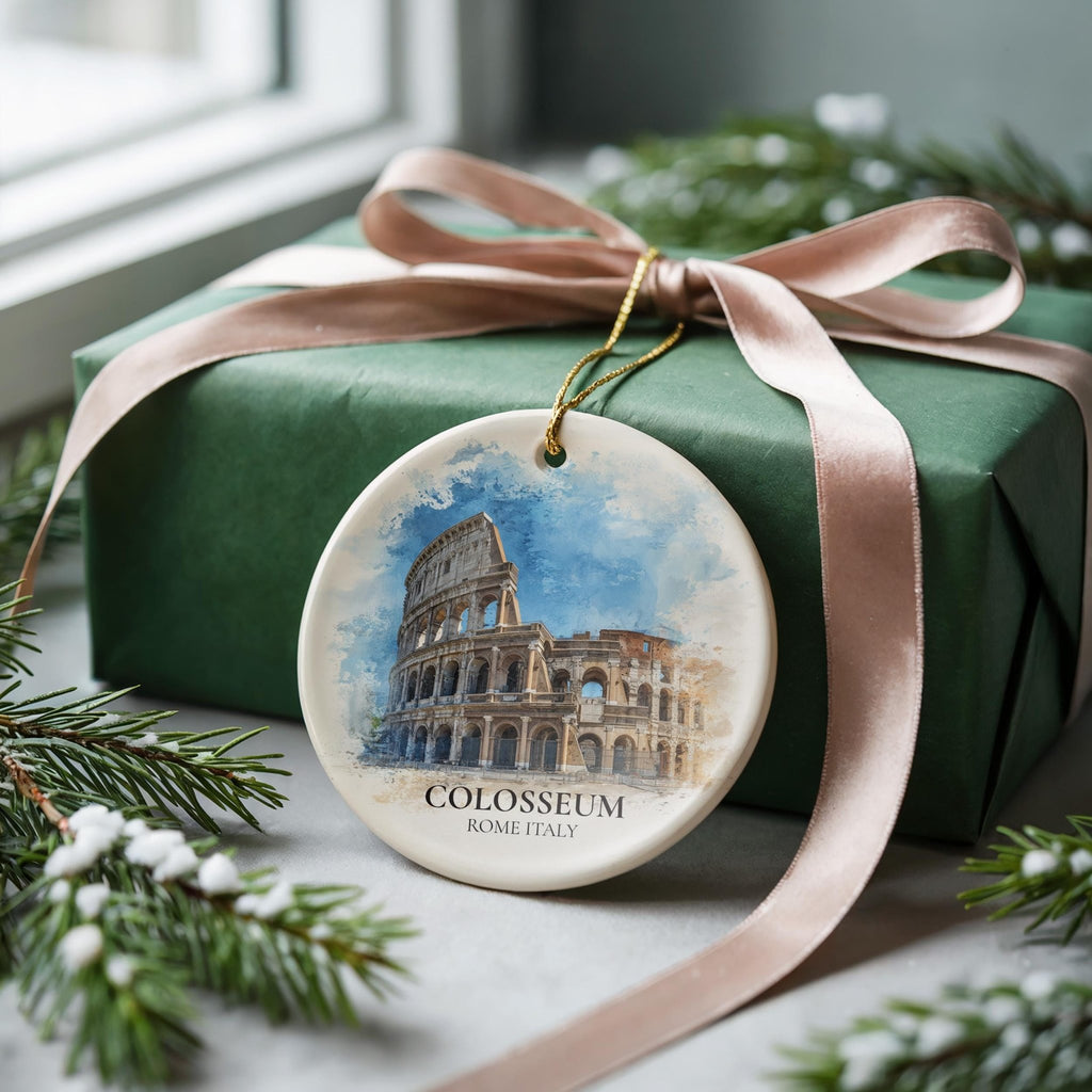 Colosseum Italy Personalized Watercolor Ornament, Custom Ceramic Christmas gift, Travel Keepsake - CuteBeePix