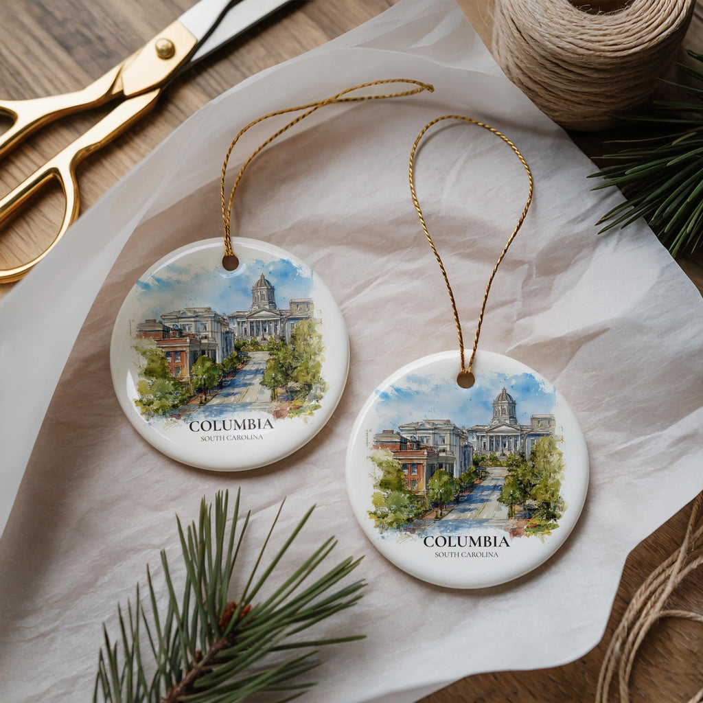 Columbia South Carolina Custom Watercolor Ornament, Personalized Ceramic Christmas gift, Travel Keepsake - CuteBeePix