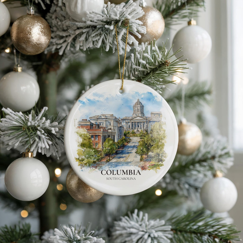 Columbia South Carolina Custom Watercolor Ornament, Personalized Ceramic Christmas gift, Travel Keepsake - CuteBeePix