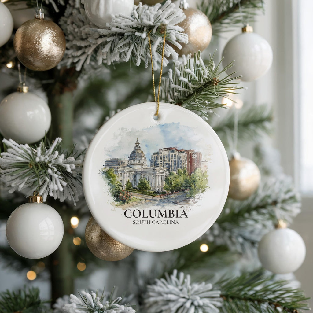 Columbia South Carolina Personalized Watercolor Ornament, Custom Ceramic Christmas gift, Travel Keepsake - CuteBeePix