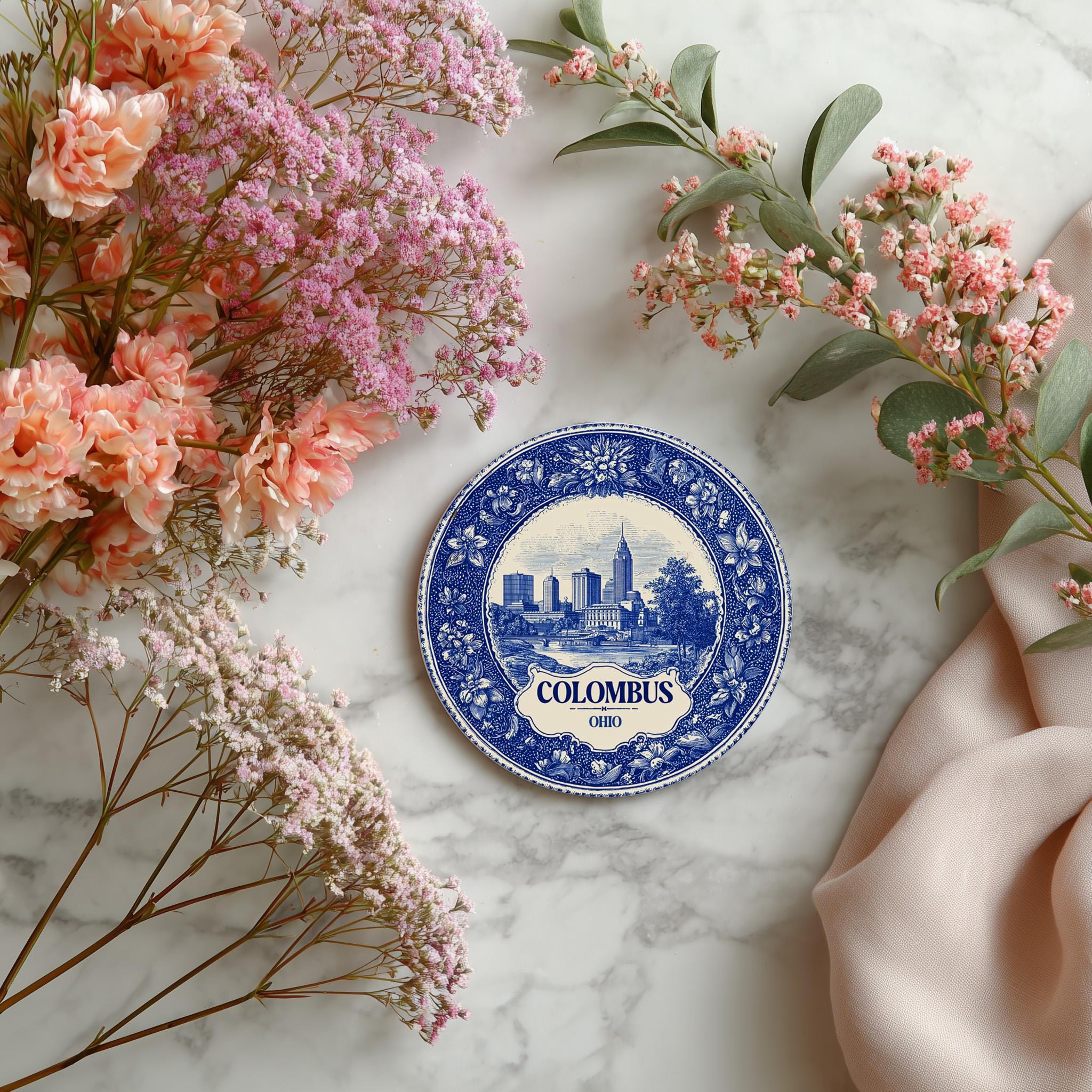 Columbus Ohio Delftware Ceramic Coaster, Blue White Travel Gift, Vintage Home Decor Collectible - CuteBeePix