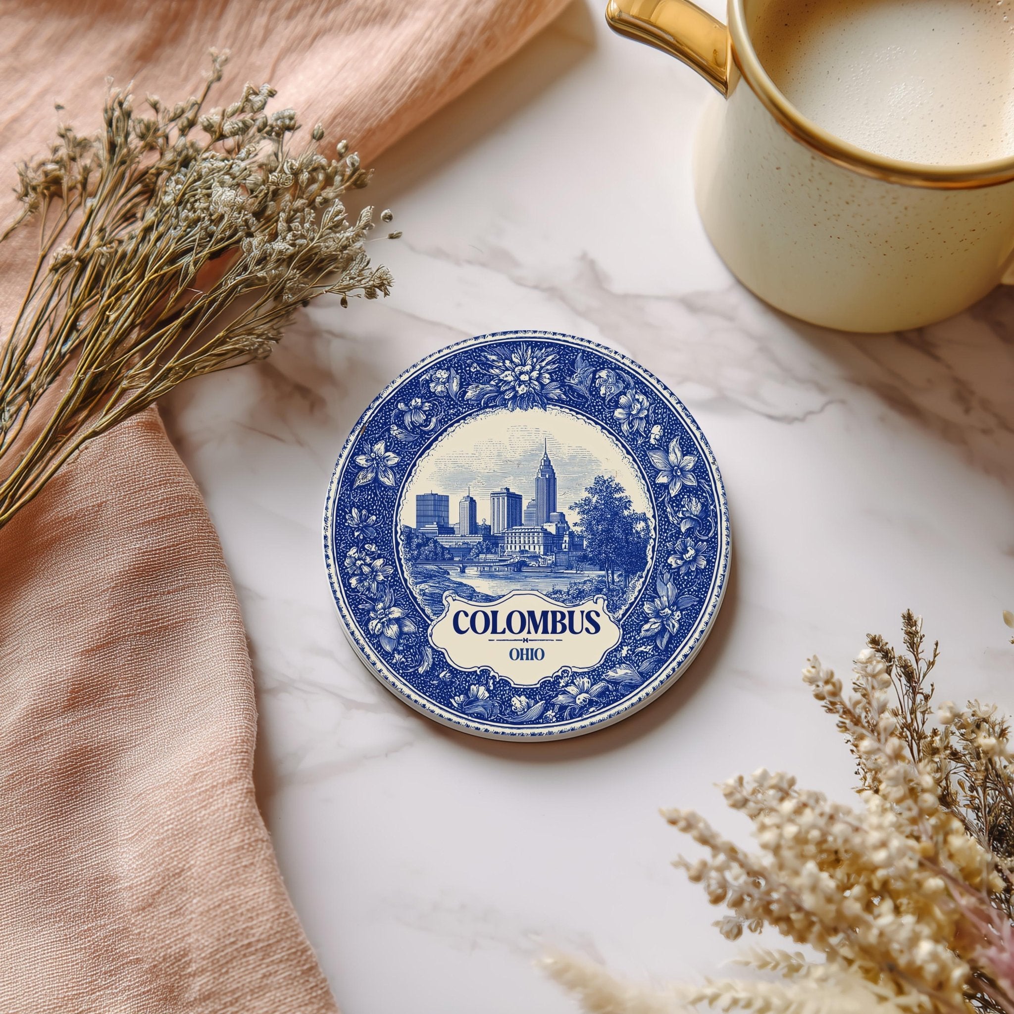 Columbus Ohio Delftware Ceramic Coaster, Blue White Travel Gift, Vintage Home Decor Collectible - CuteBeePix