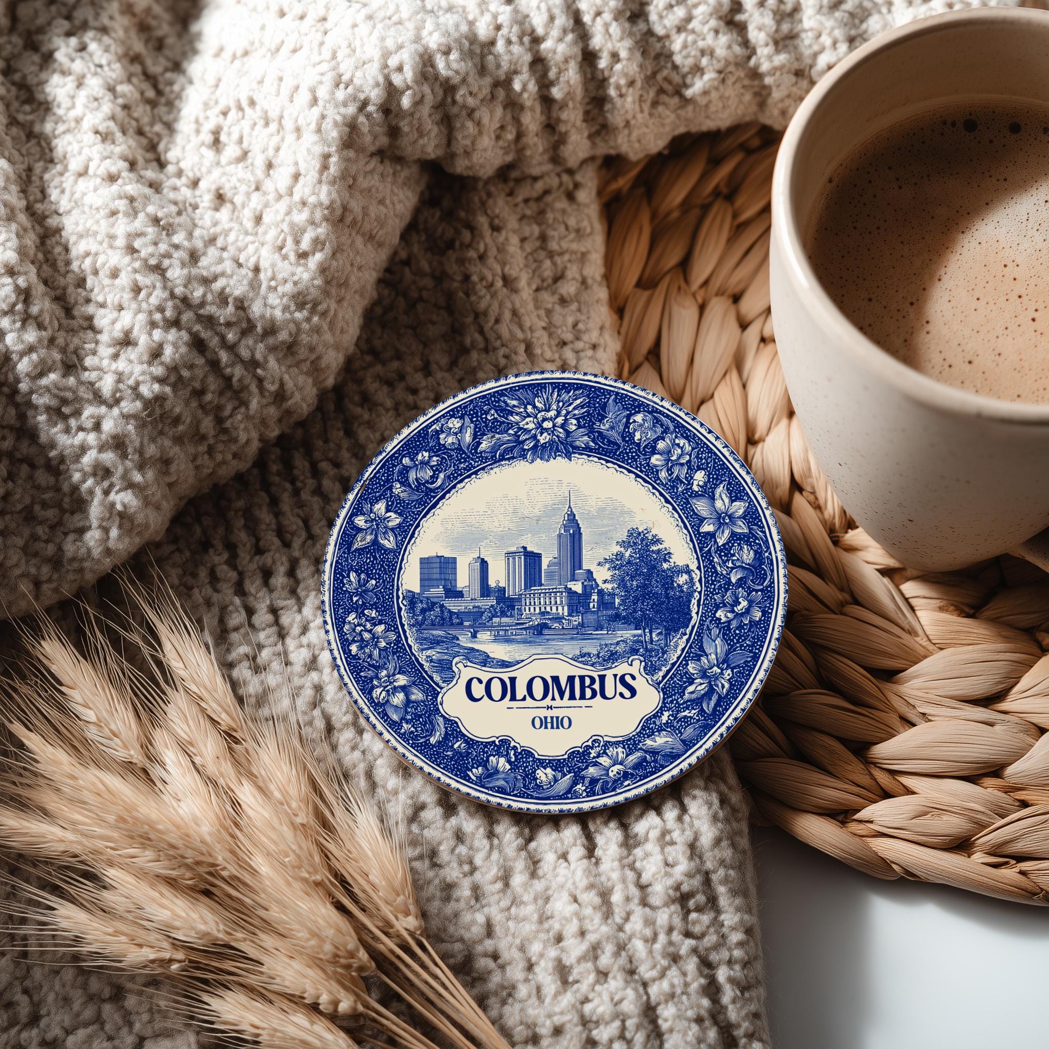 Columbus Ohio Delftware Ceramic Coaster, Blue White Travel Gift, Vintage Home Decor Collectible - CuteBeePix