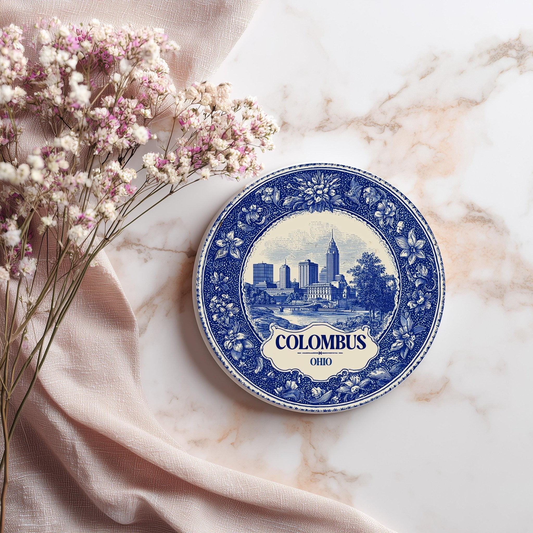 Columbus Ohio Delftware Ceramic Coaster, Blue White Travel Gift, Vintage Home Decor Collectible - CuteBeePix