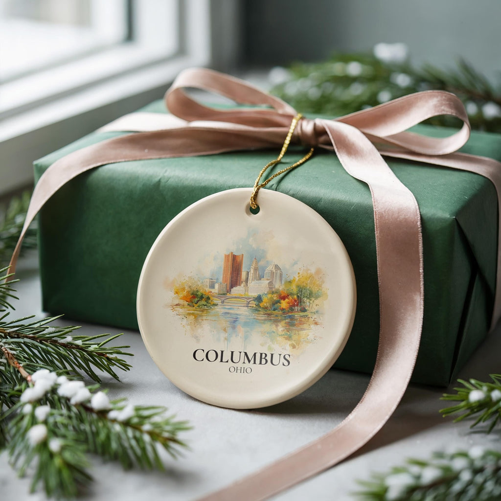 Columbus Ohio Personalized Watercolor Ornament, Custom Ceramic Christmas gift, Travel Keepsake - CuteBeePix