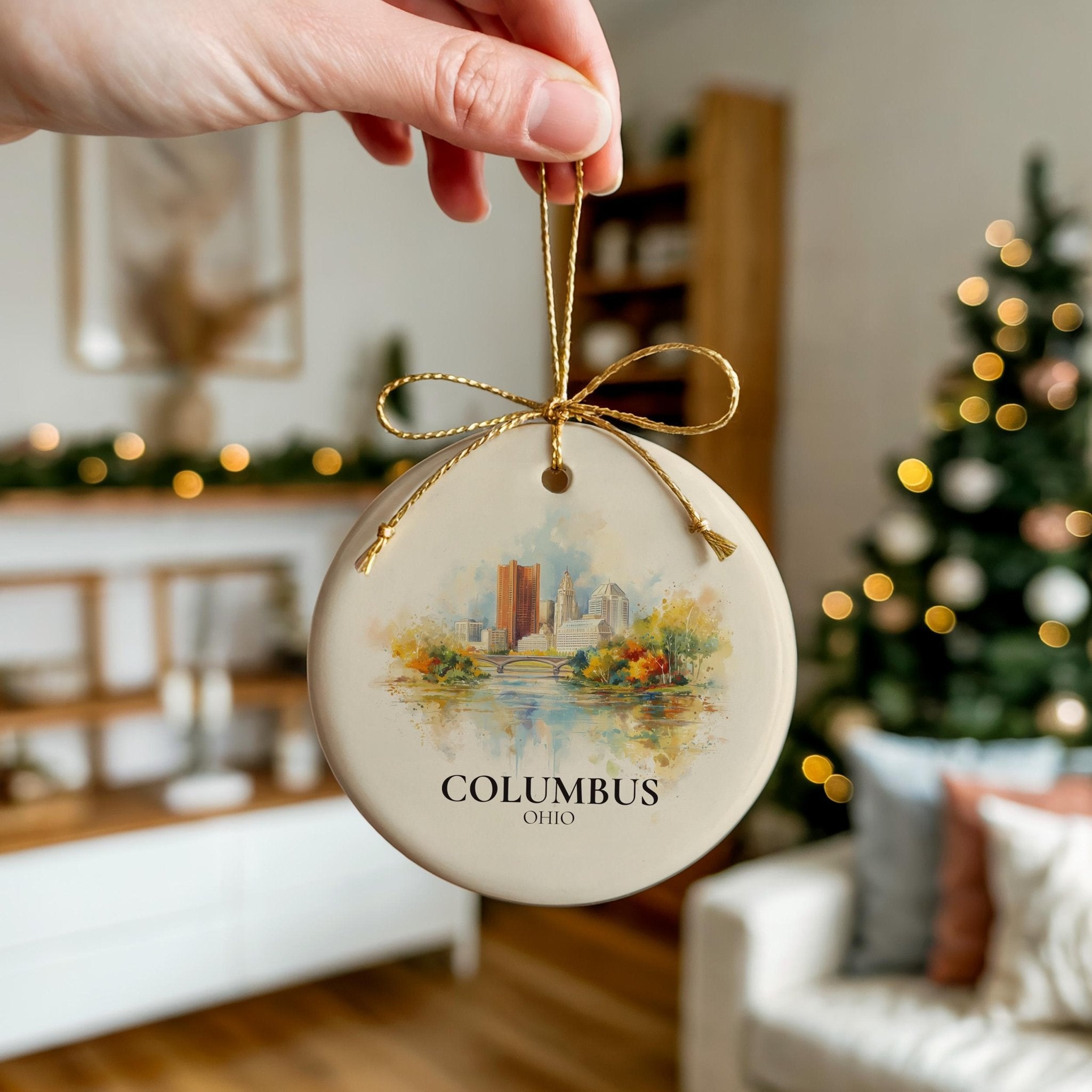 Columbus Ohio Personalized Watercolor Ornament, Custom Ceramic Christmas gift, Travel Keepsake - CuteBeePix