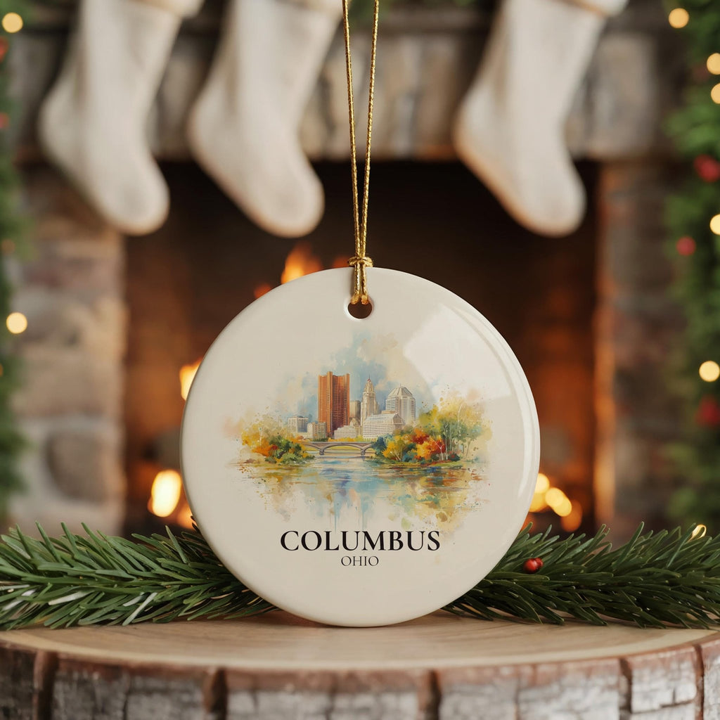 Columbus Ohio Personalized Watercolor Ornament, Custom Ceramic Christmas gift, Travel Keepsake - CuteBeePix