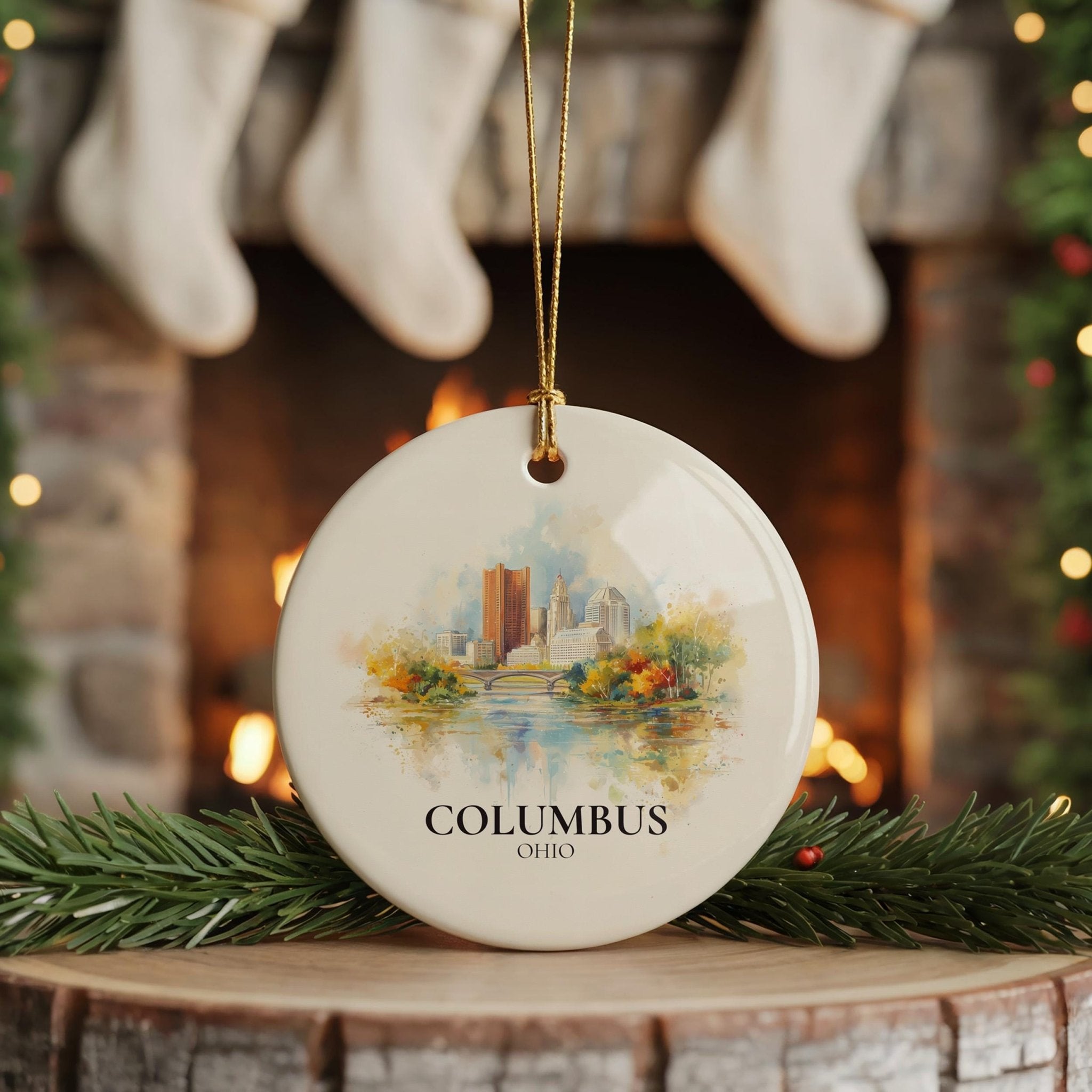 Columbus Ohio Personalized Watercolor Ornament, Custom Ceramic Christmas gift, Travel Keepsake - CuteBeePix