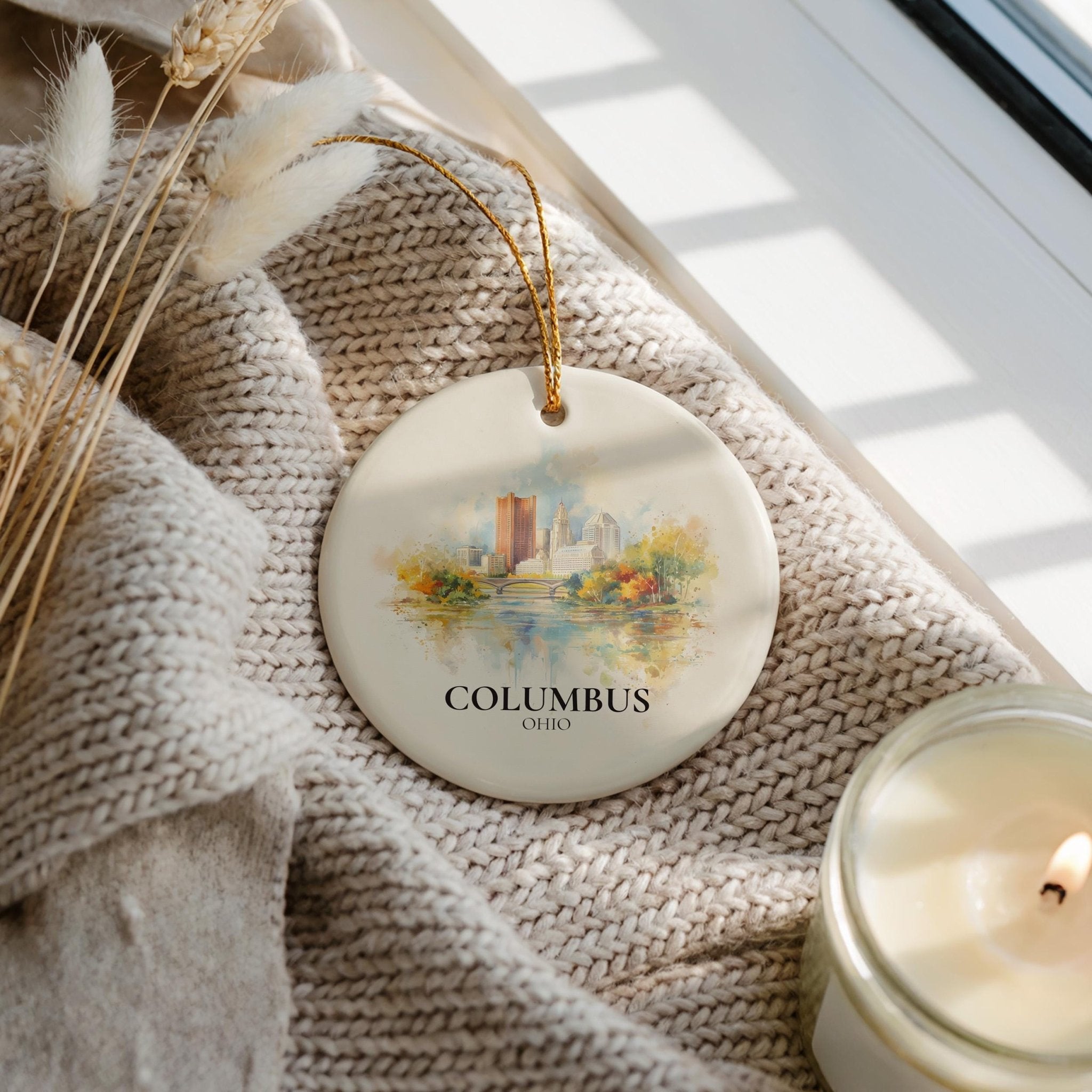 Columbus Ohio Personalized Watercolor Ornament, Custom Ceramic Christmas gift, Travel Keepsake - CuteBeePix