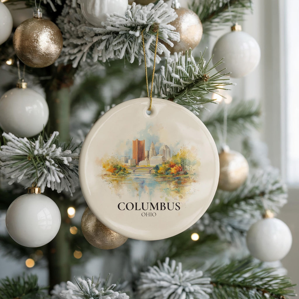 Columbus Ohio Personalized Watercolor Ornament, Custom Ceramic Christmas gift, Travel Keepsake - CuteBeePix