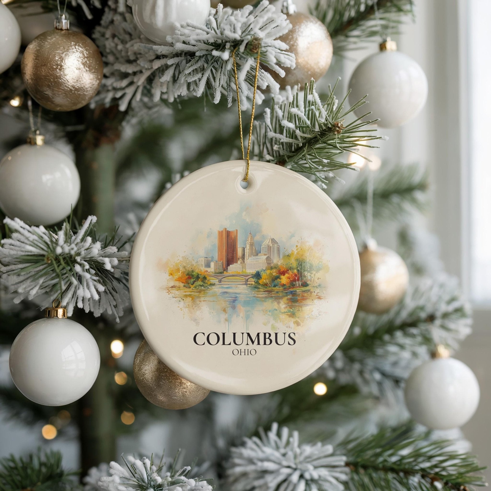 Columbus Ohio Personalized Watercolor Ornament, Custom Ceramic Christmas gift, Travel Keepsake - CuteBeePix