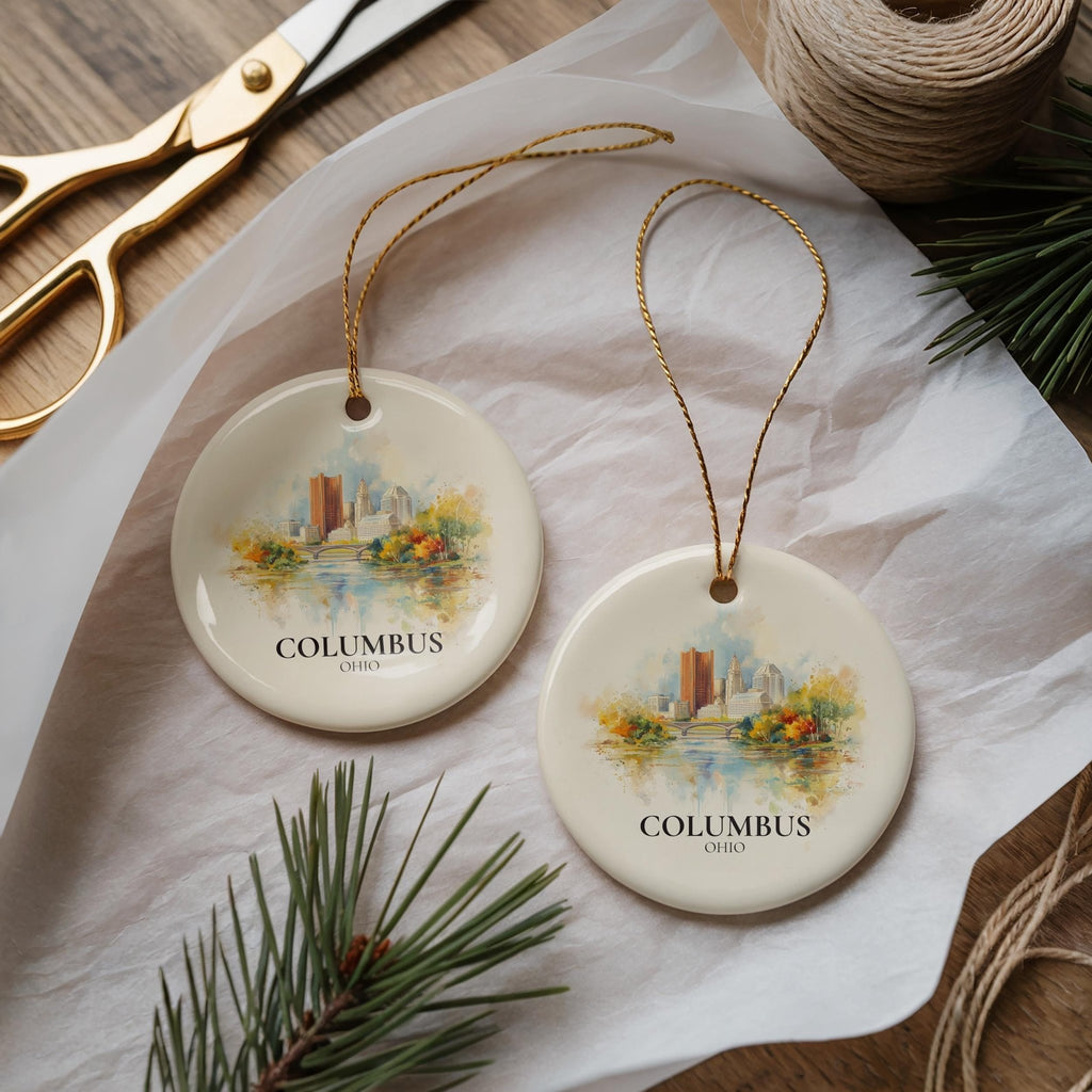 Columbus Ohio Personalized Watercolor Ornament, Custom Ceramic Christmas gift, Travel Keepsake - CuteBeePix
