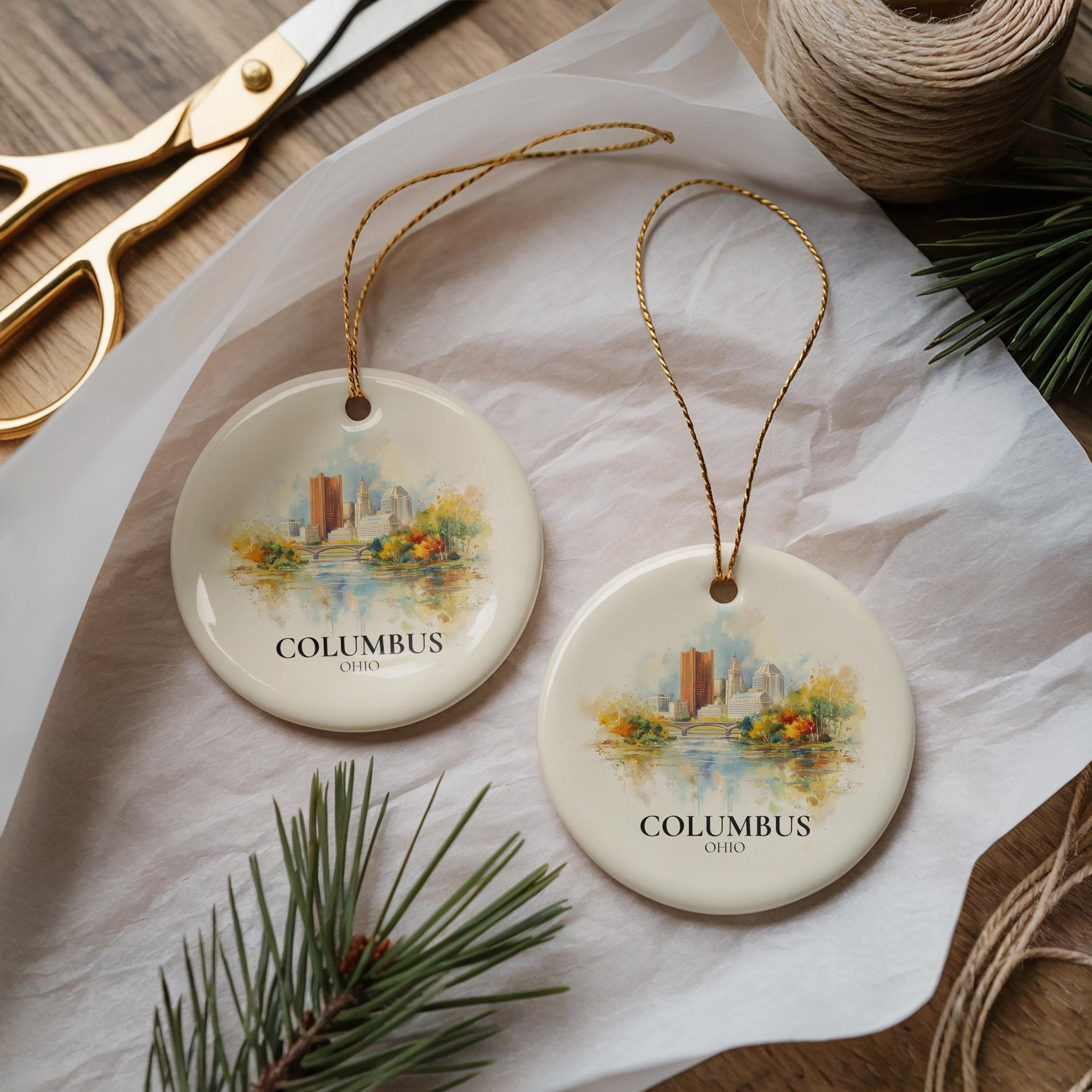 Columbus Ohio Personalized Watercolor Ornament, Custom Ceramic Christmas gift, Travel Keepsake - CuteBeePix