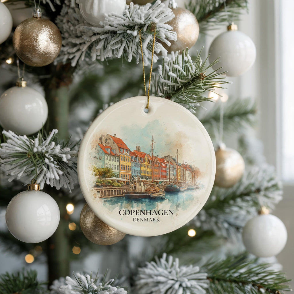 Copenhagen Denmark Personalized Watercolor Ornament, Custom Ceramic Christmas gift, Travel Keepsake - CuteBeePix