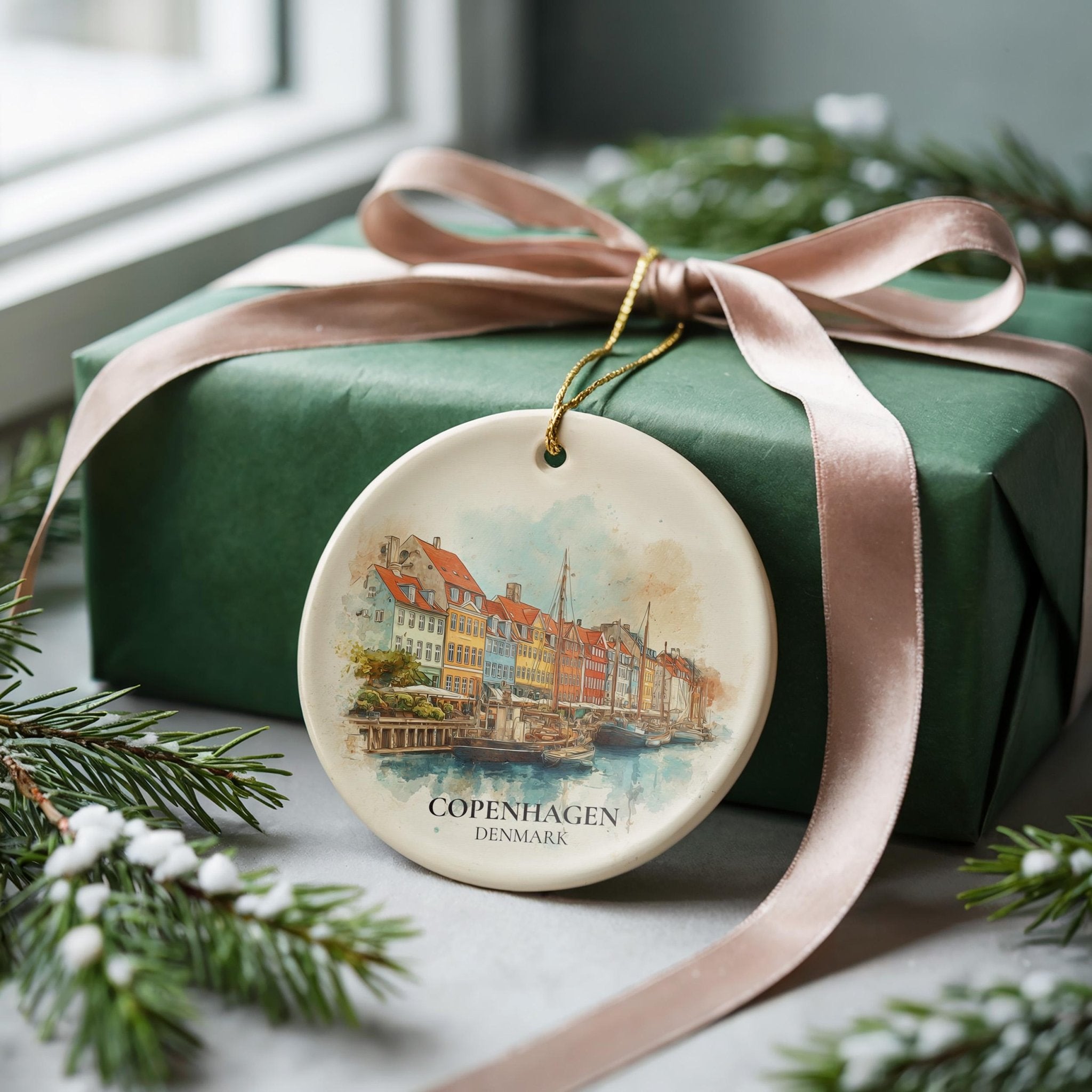 Copenhagen Denmark Personalized Watercolor Ornament, Custom Ceramic Christmas gift, Travel Keepsake - CuteBeePix
